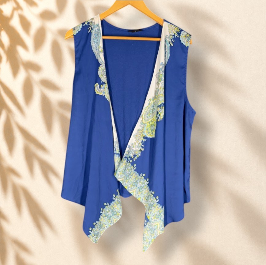 Nue Options Top Women M Medium Blue Floral Sleeveless Open Front Wide Strap