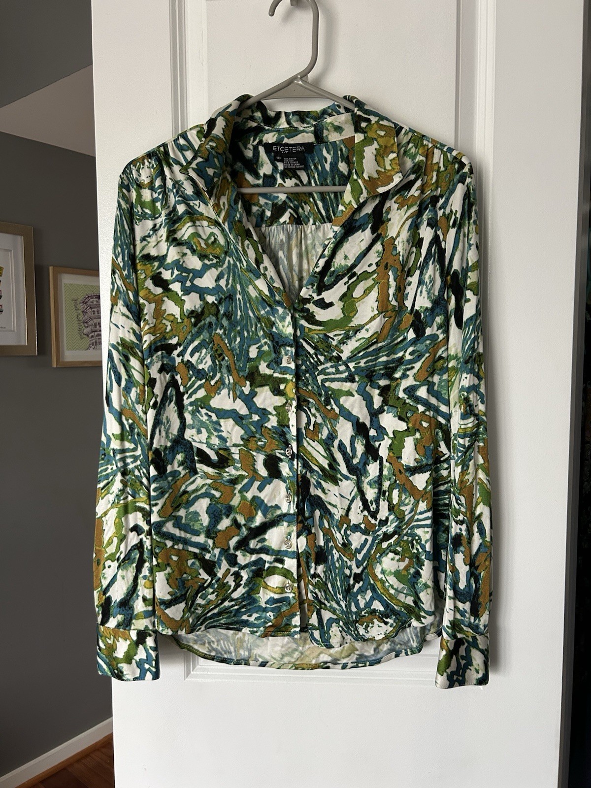 Etcetera Womens Long Sleeve Button Up Stretch Silk Blend Blouse Multicolor Sz 10