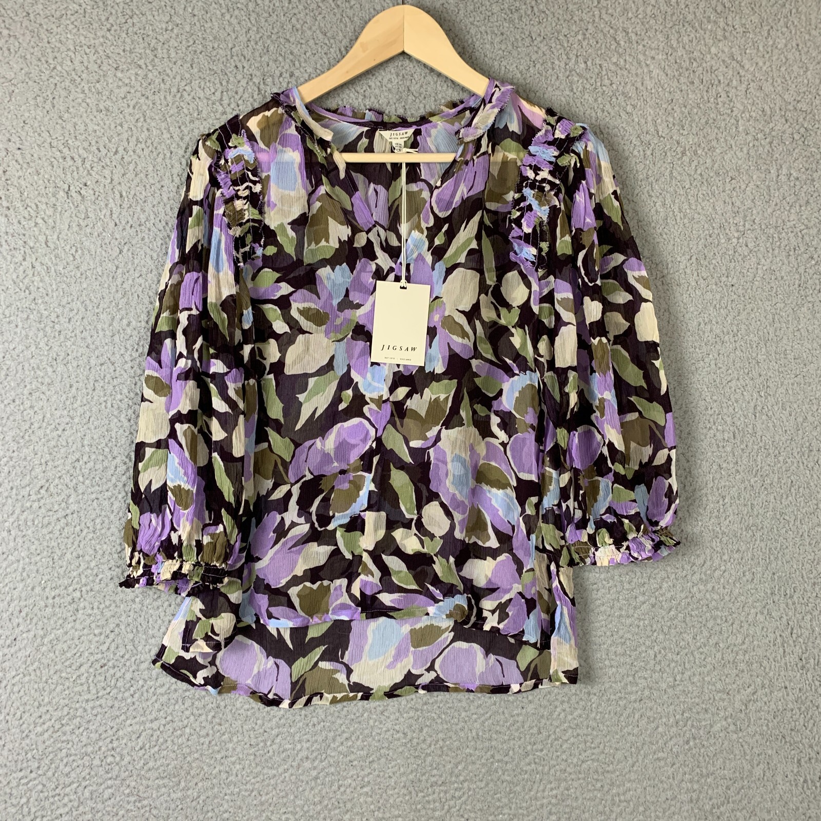 Jigsaw Top Women US 10 Lilac Graphic Pansy Crinkled Blouse UK 14 NWT