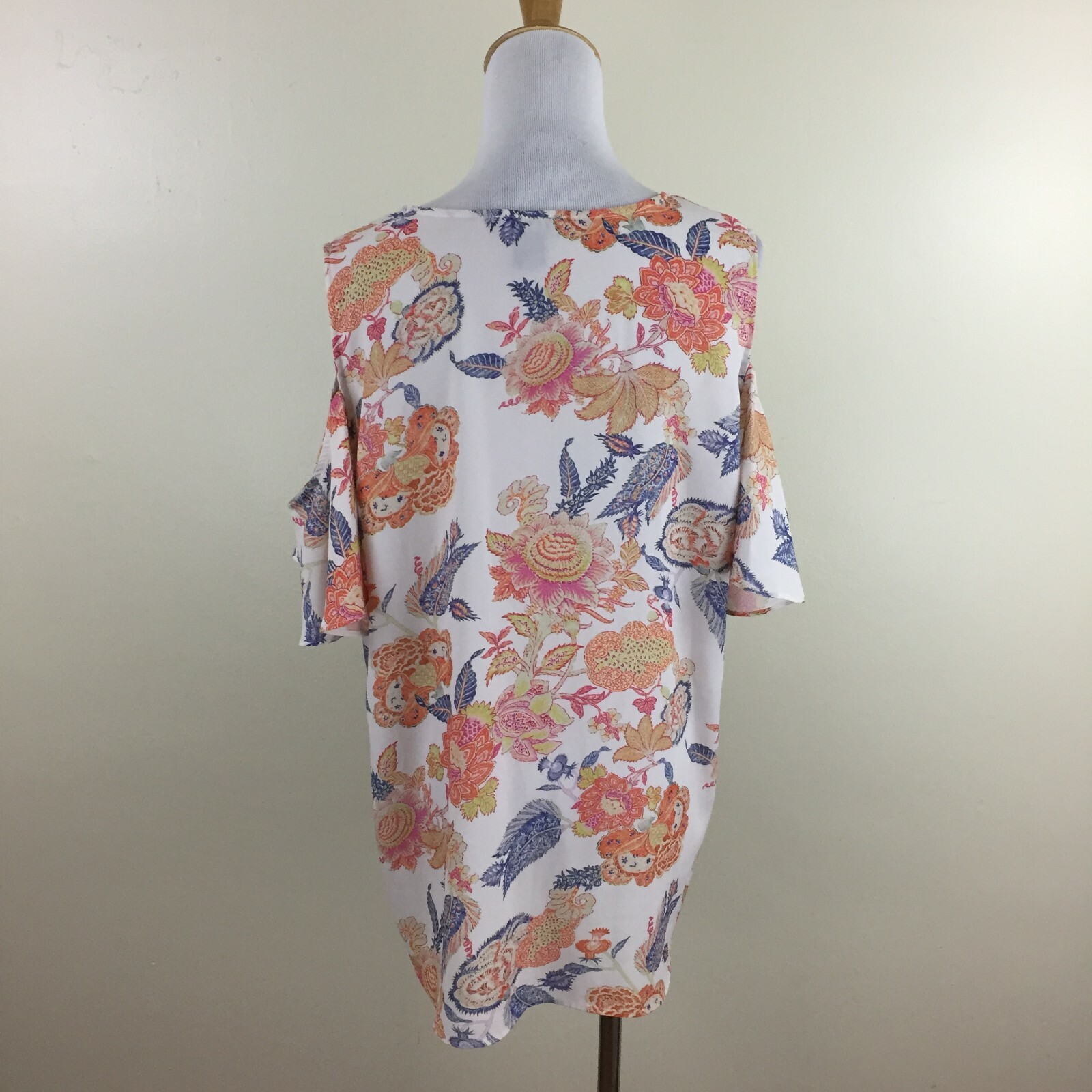 ANTIBES BLANC Womens sz Large White Multi-Color Cold Shoulder Floral Print Shirt