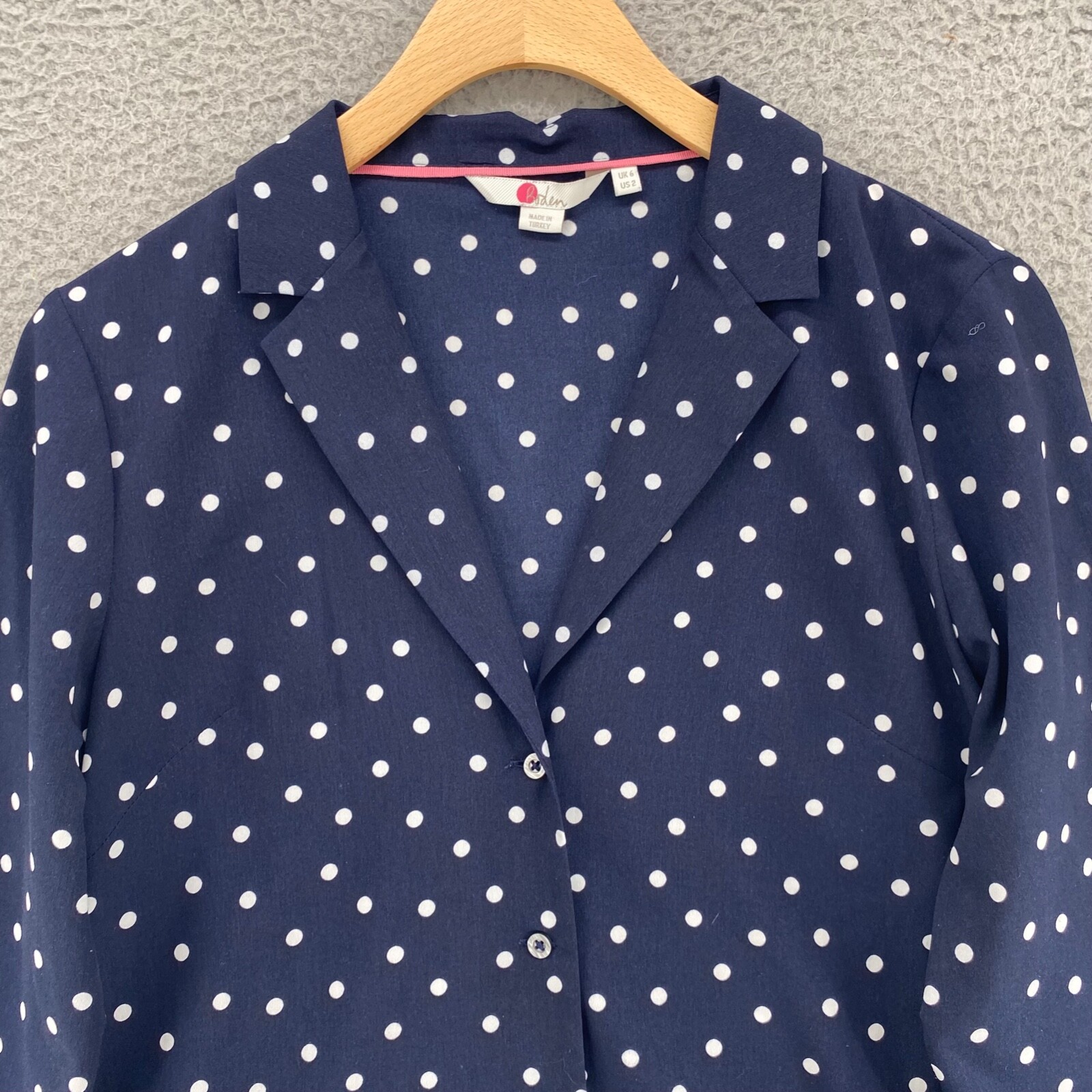Boden Shirt Women 2 Navy Polka Dot Button Up Long Sleeve Notch Lapel Office Work