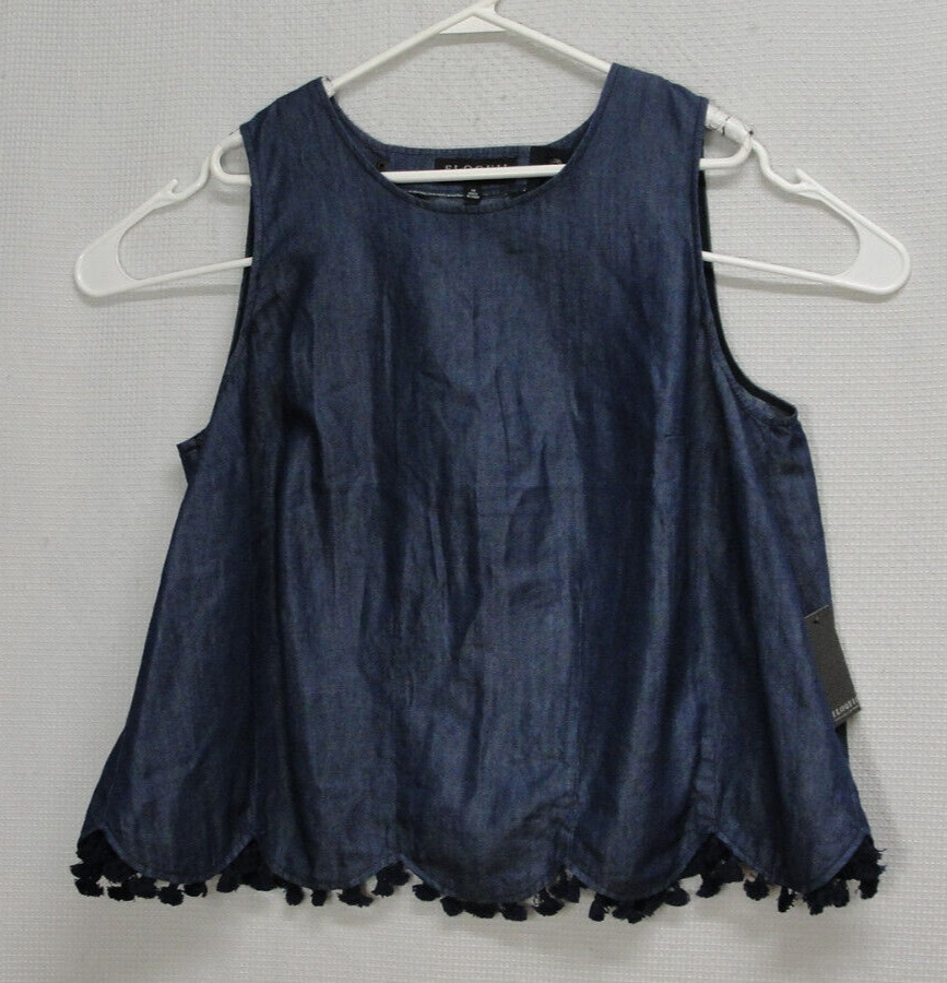 NWT Eloquii Pom Fringe Open Back Sleeveless Top Tencel Blend Blue Scallop Hem 14