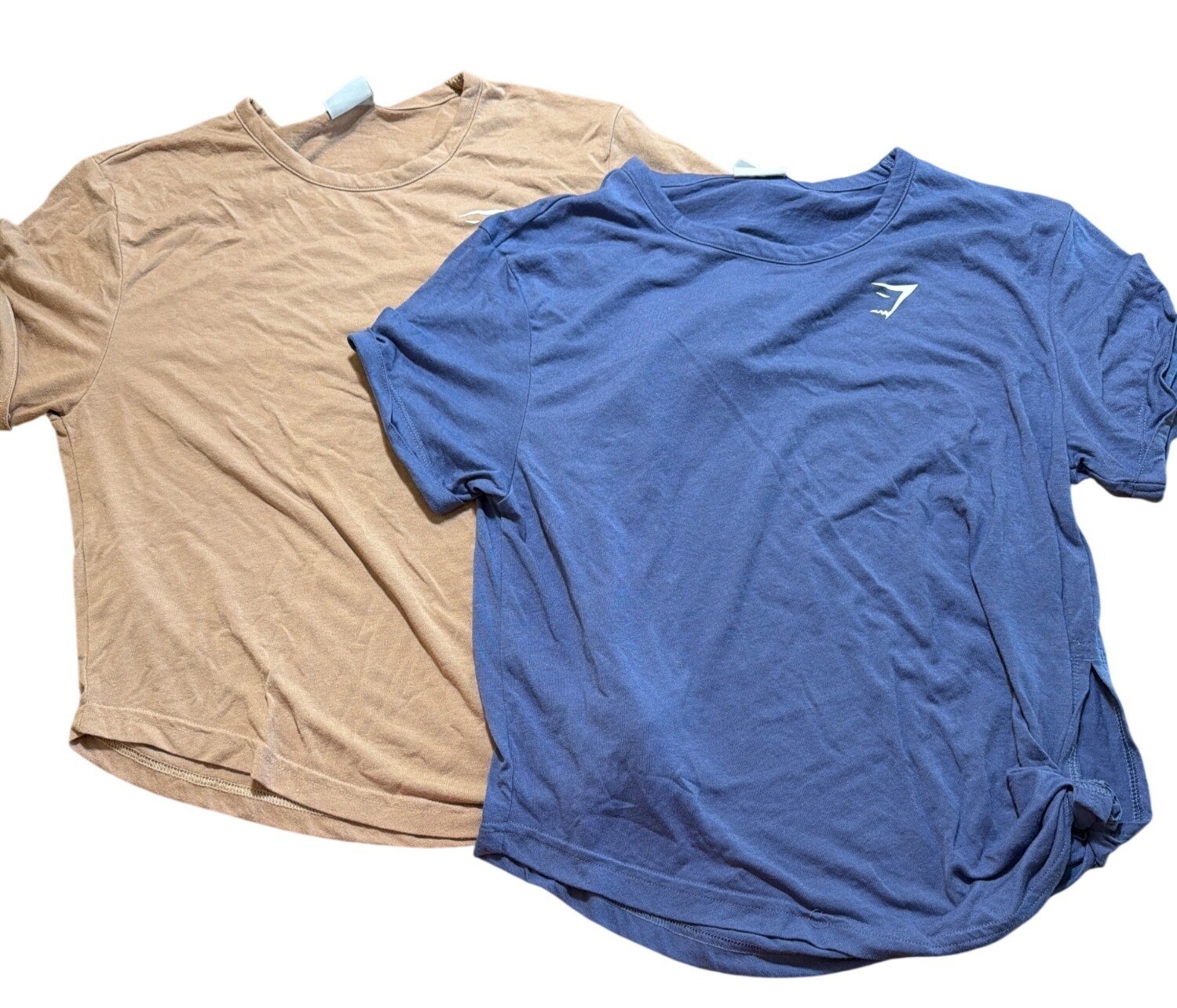 2 Gymshark Womens Short Sleeve Shirts Slit Tie Side Tan Blue Cuff Sleeve Sz M