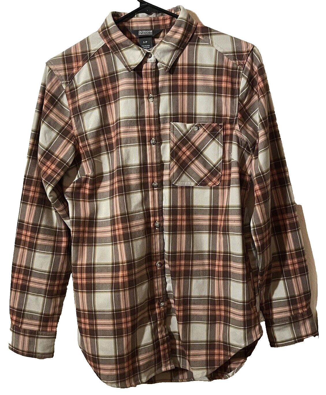 Outdoor Research Women’s Small Plaid Flannel Shirt Muted Tan Brown Pink