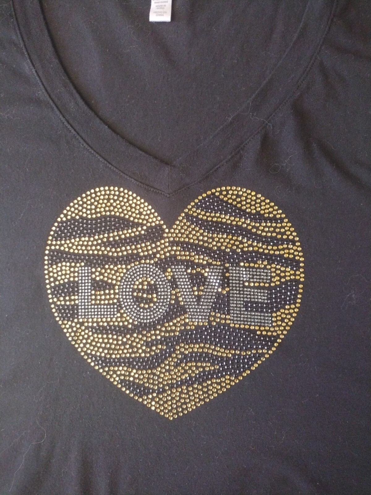 Ambiance Apparel Tee Women 2XL Black Short Sleeve Love Rhinestones Gold Heart