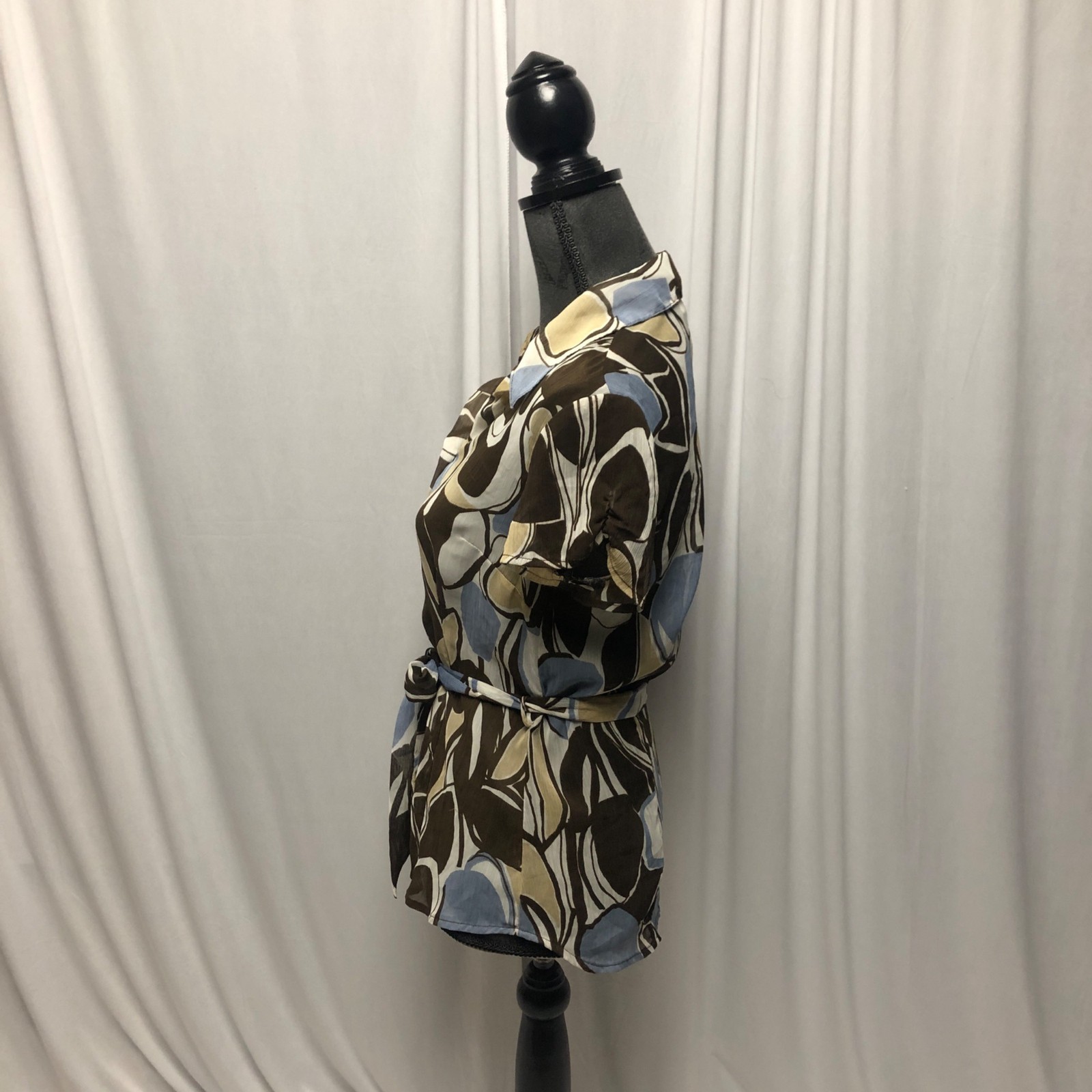 Studio 1940 Top Womens Size Small Brown Blue Sheer Short Sleeve Belted Blouse