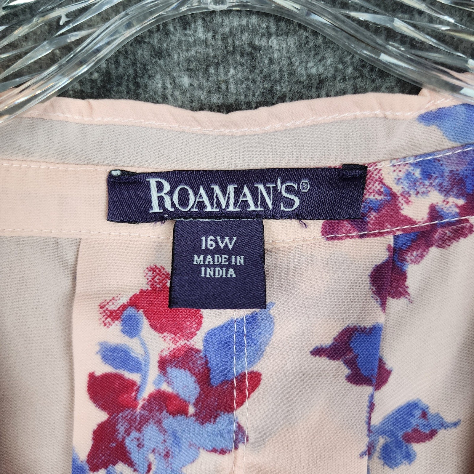 Roaman’s Floral Lace Tunic Women 16W Pink Boho Crochet Button Front Pintuck