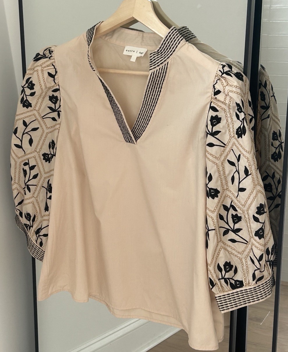 Entro Women’s Size Large Puff Embroidered Sleeved Shirt Top Blouse Boho
