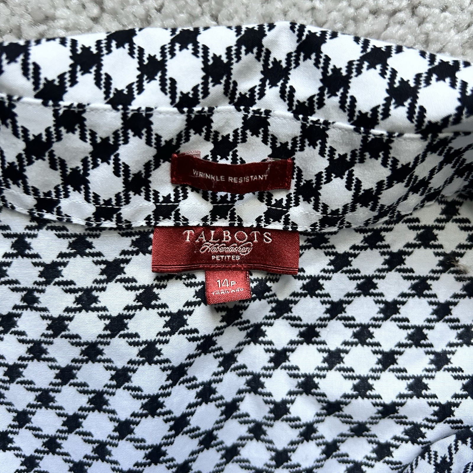 Talbots Haberdashery Petite Wrinkle Resistant White Black Print Blouse Shirt 14P