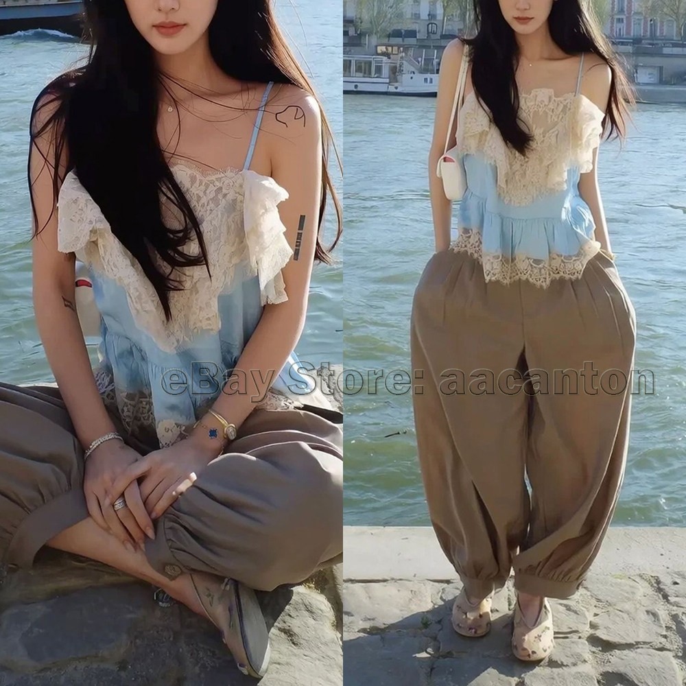 26ss Lace Patchwork Ruffle Camisole Women’s Vacation Short Sleeveless Tops New