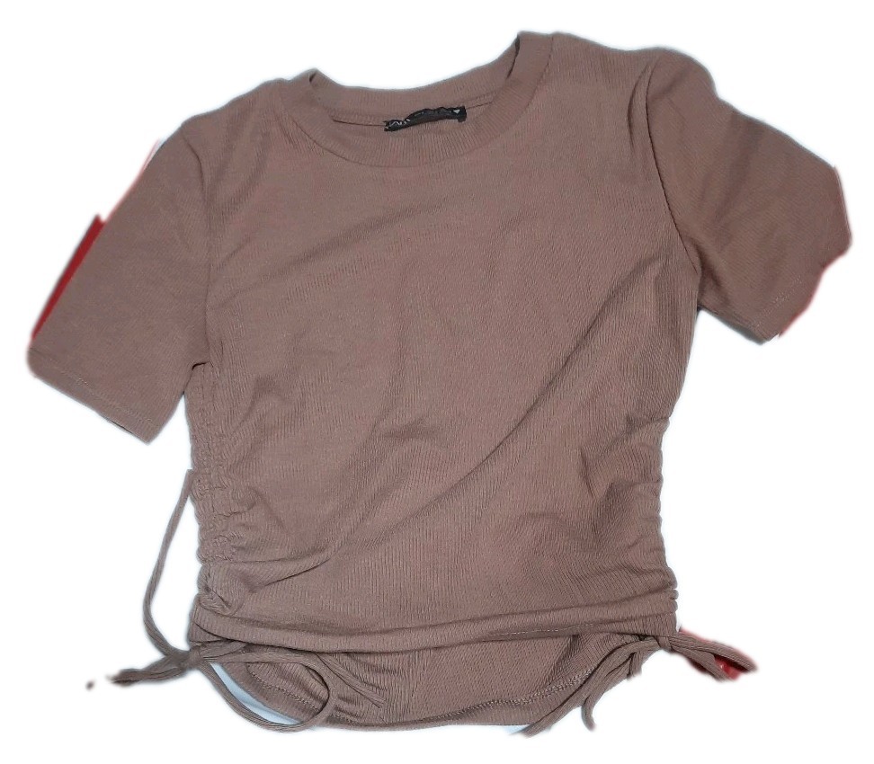 Zara T-Shirt Women’s Size S Mauve Ribbed Sides Crew Neck Polyester Blend Stretch