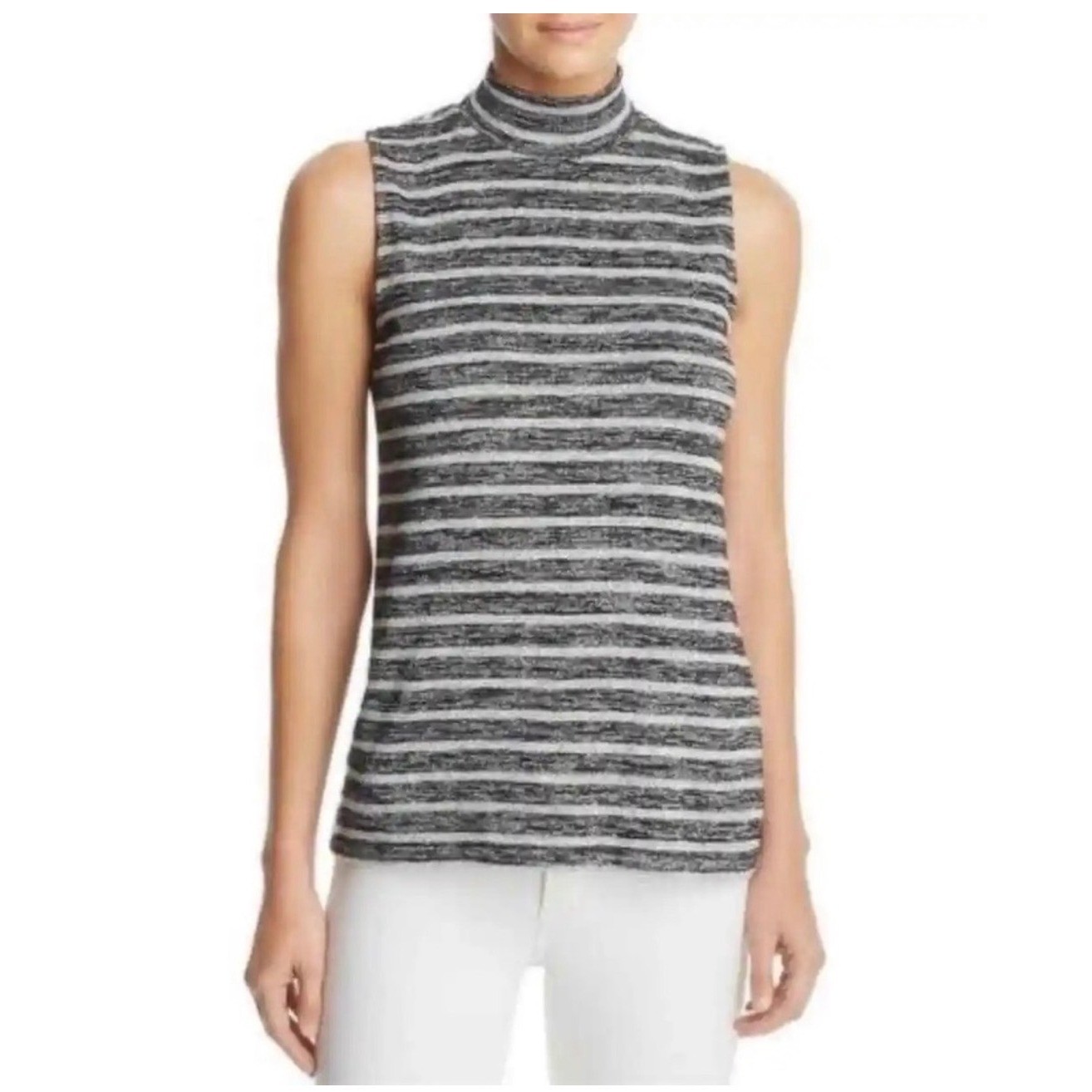 Rag & Bone Striped Mock Neck Sleeveless Top Black Gray Cutout Back M