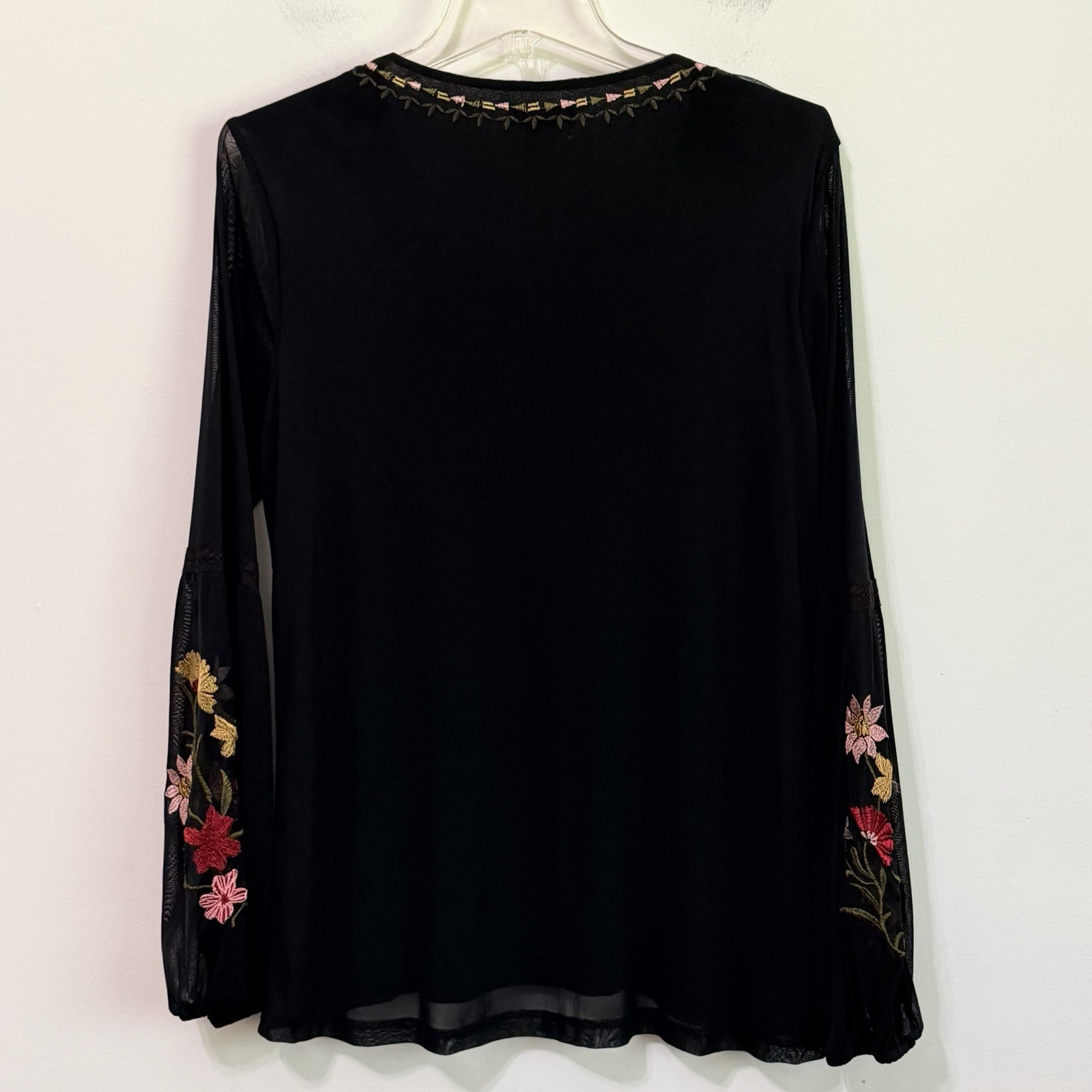 Style & Co Embroidered Top S Popover Black Boho Black Party Floral Popover Shirt
