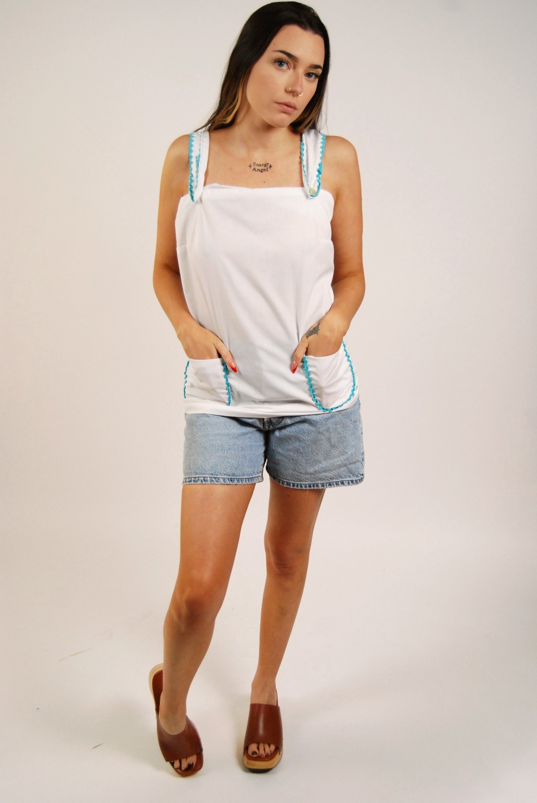 60s Cottage Core Tank (M) medium white blue vintage overall coquette boho hippie