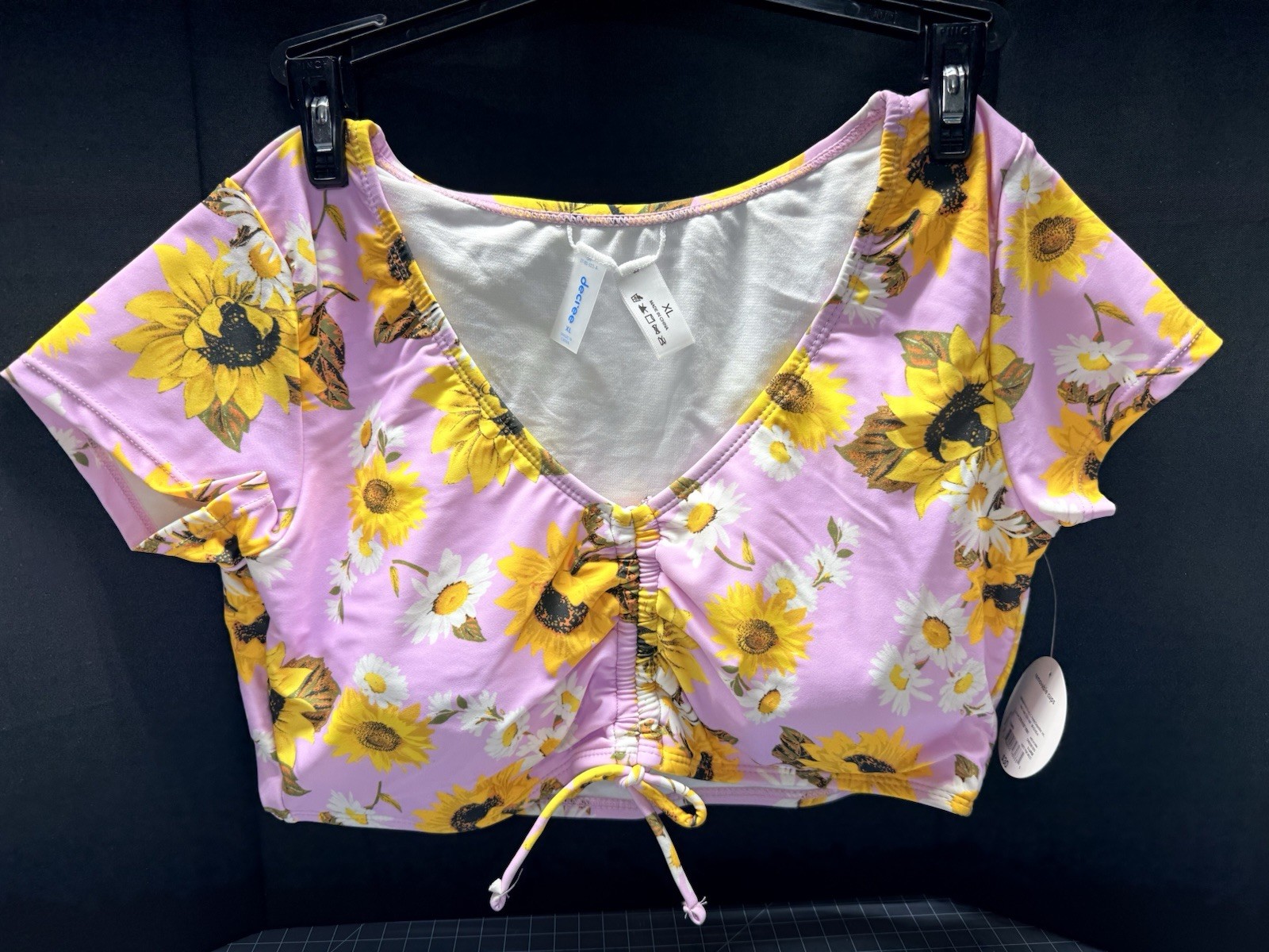 **NWT** Decree Women’s Pink Sunflower Crop Top V-Neck Front Drawstring