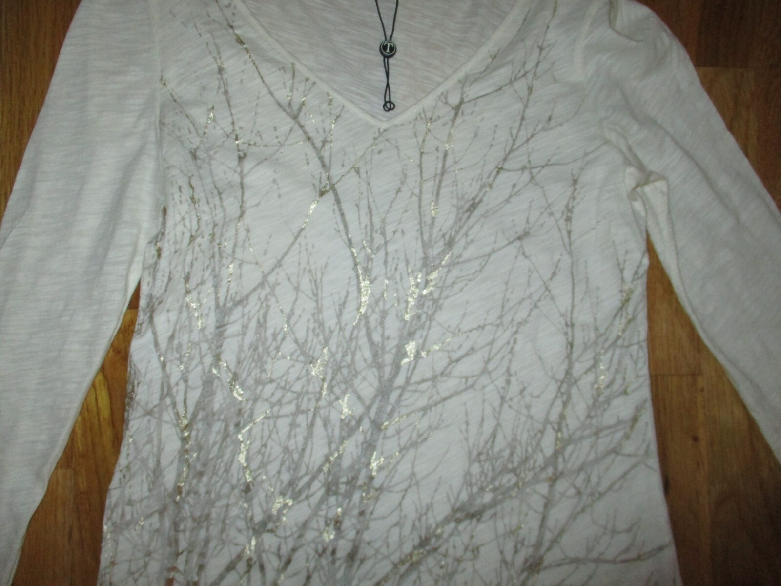 NWOT Talbots Ivory Metallic Taupe Gold Bare Trees V Neck LS T-Shirt Size S