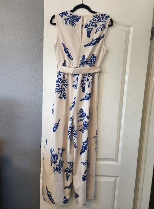 Cream with Blue Faux Wrap Top Floral Print Women’s Jumpsuit Size M NWT