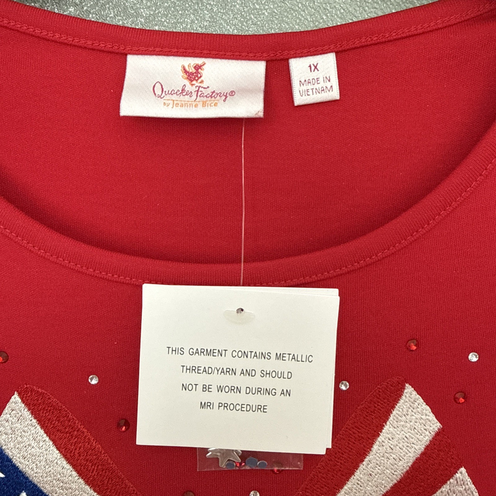 Quacker Factory NWT 1x Stars & Stripes Forever Elbow Top Retail $66 Lipstick Red