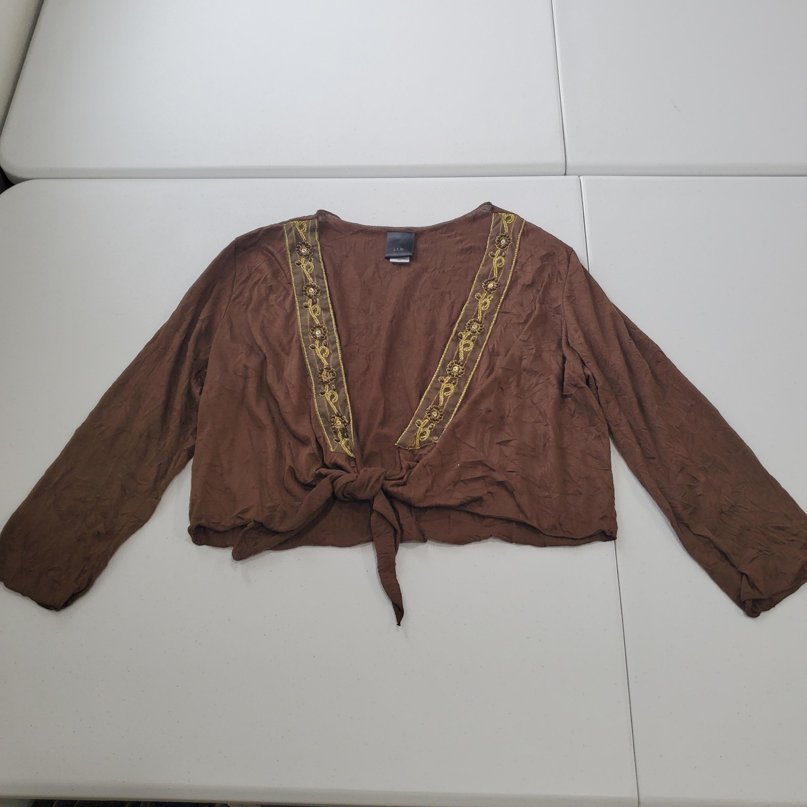 90s Y2K Fairy Grunge XL Brown Tie Front Beaded Embroidered Boho Festival Top