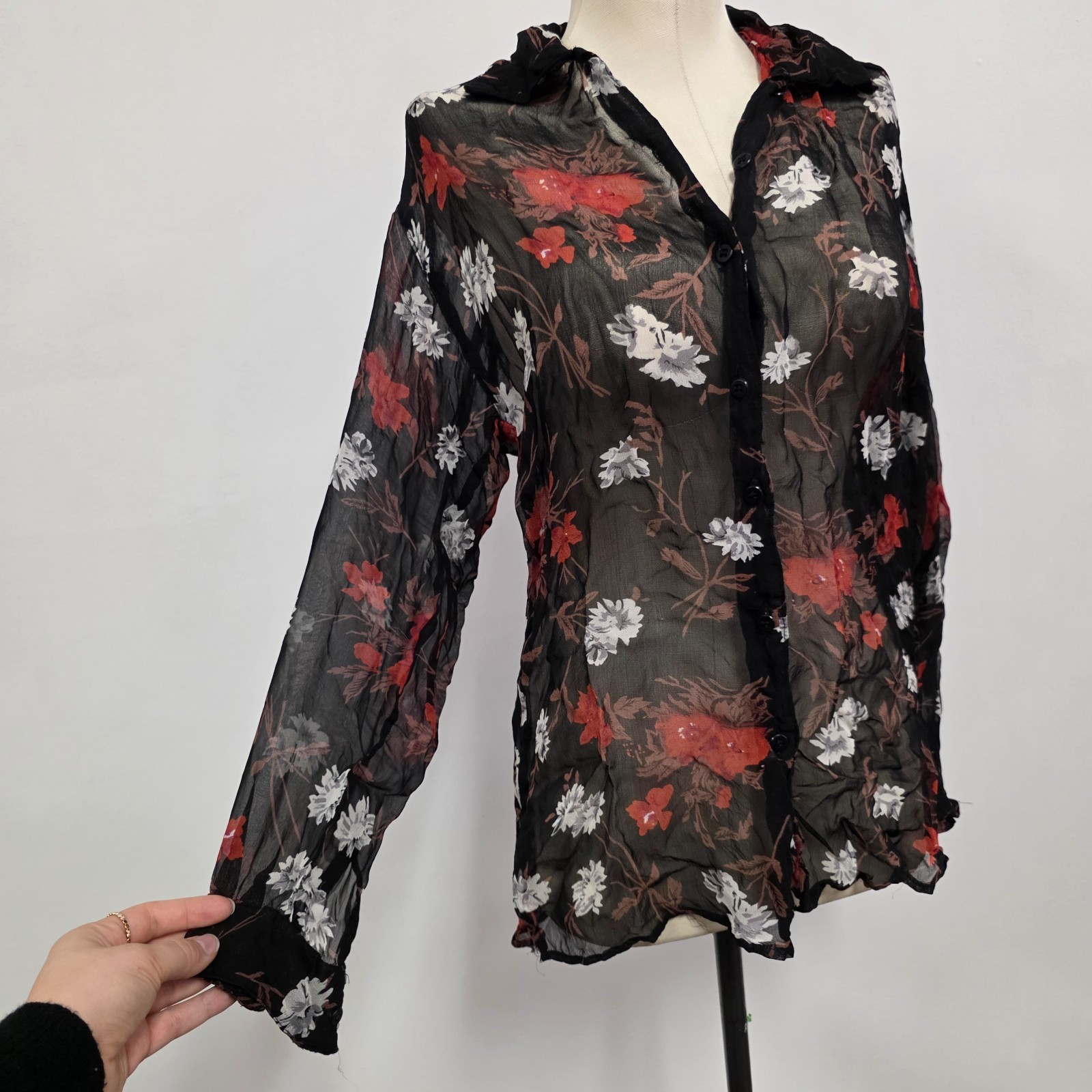 Vintage La Femme Sheer Whimsigoth Top Size S Asian Dark Floral Button Y2K