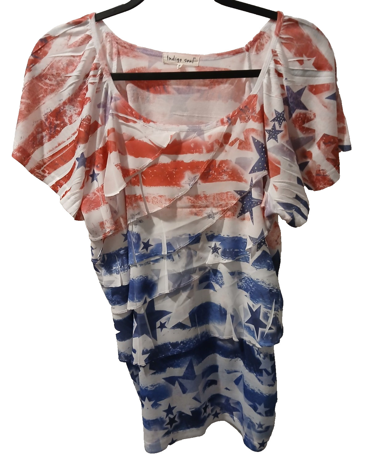 Indigo Soul Red White Blue Patriotic Ladies Top M with Ruffles Rhinestone Stars