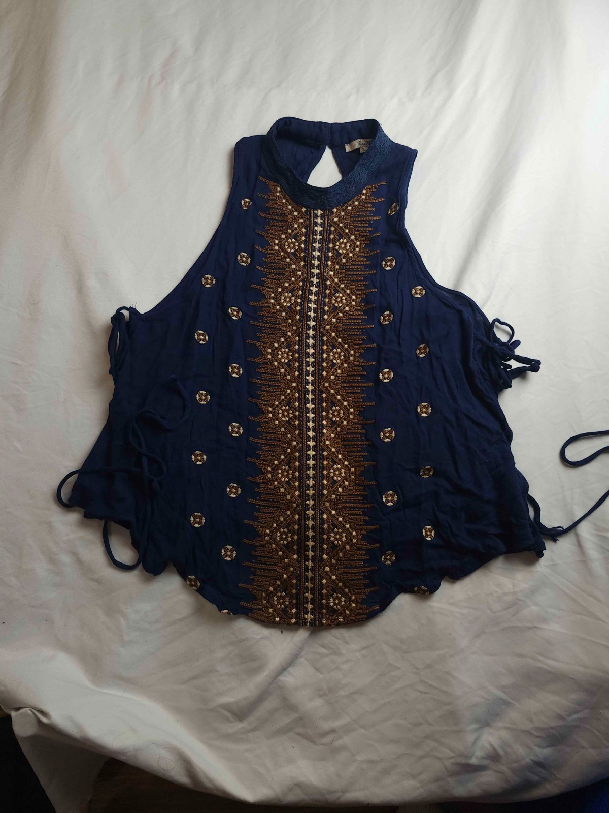 Miss Me Tank Top Womens Medium Blue Embroidered Halted Festival Hippie Boho