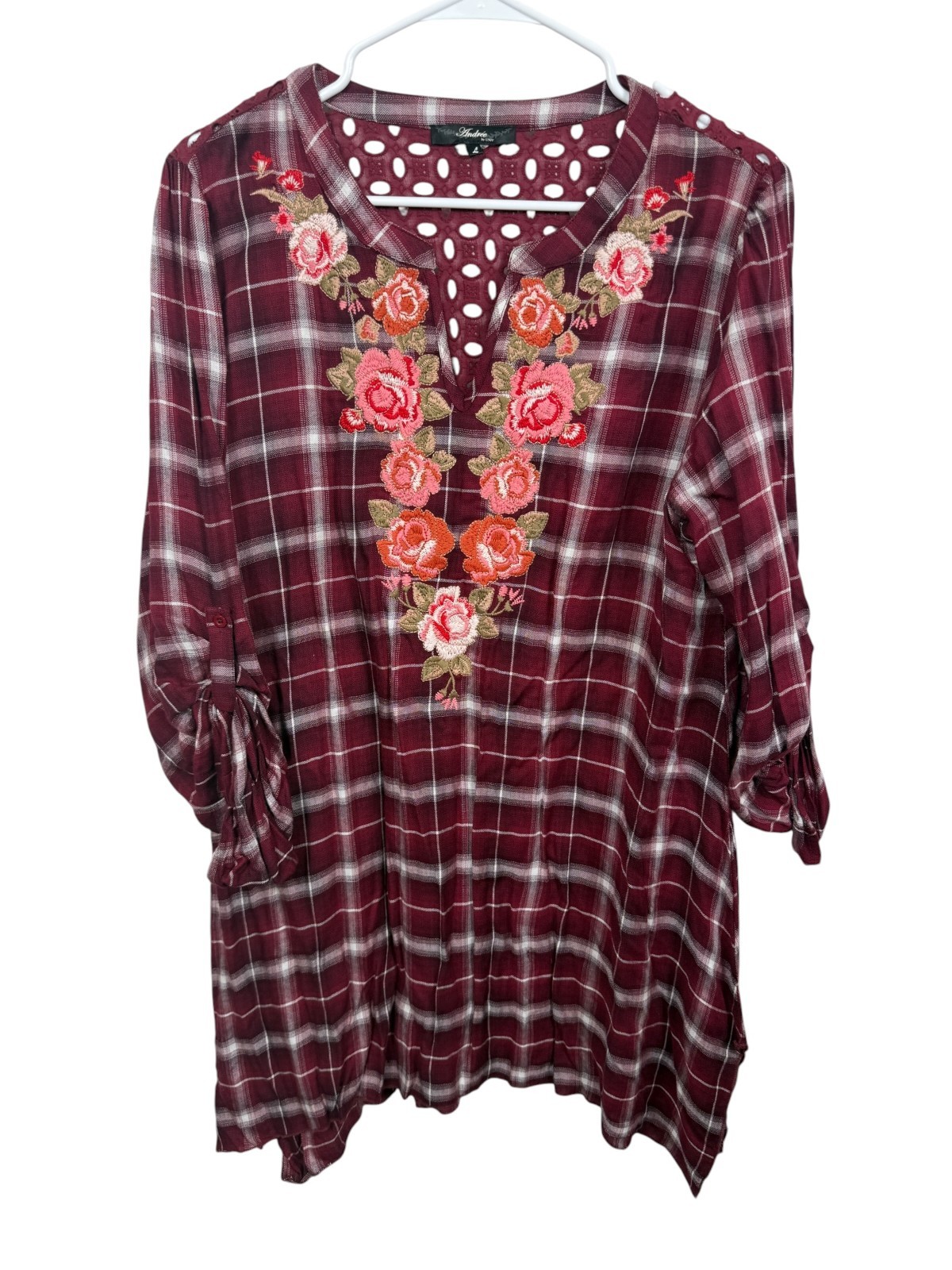 Andree by Unit Tunic Top Large Burgundy Plaid Floral Embroidered Lagenlook Boho