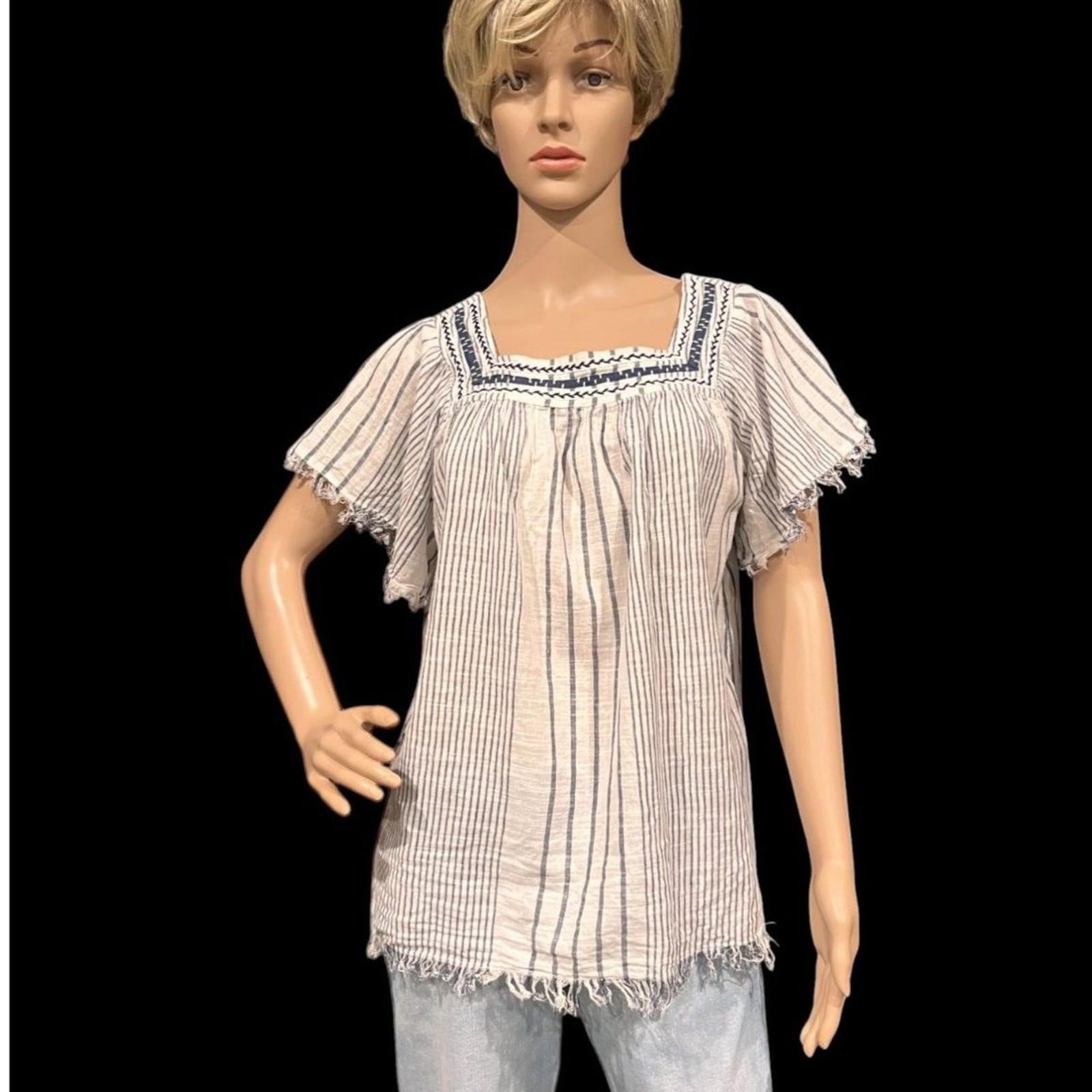 WORLD MARKET Lightweight Women’s Cotton Blouse White Blue Stripes Sz S/M