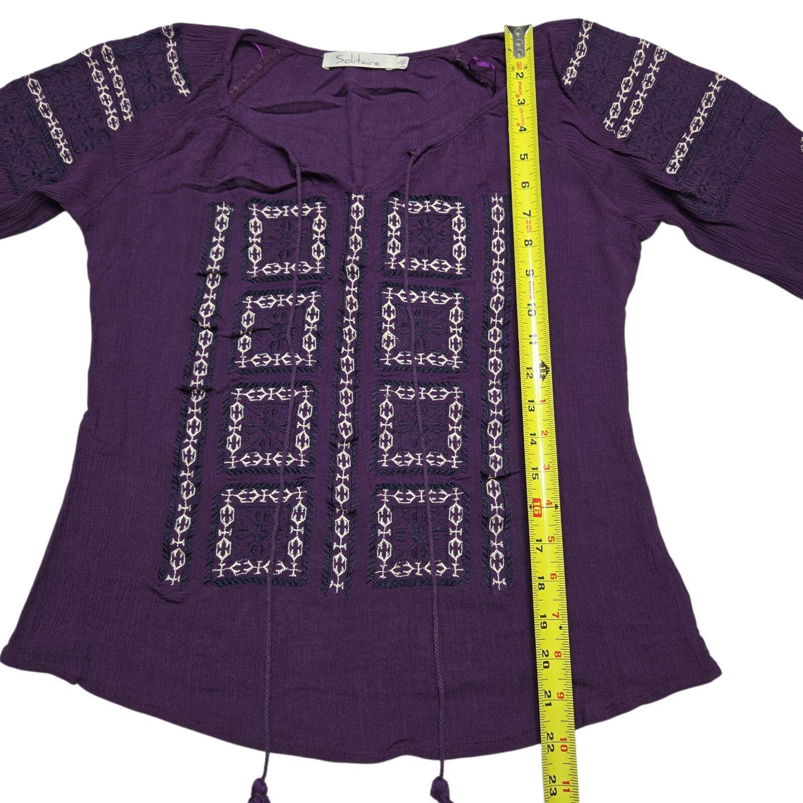 Solitaire Top Womens Large Purple 3/4 Sleeve Boho Blouse Embroidered Tasseled