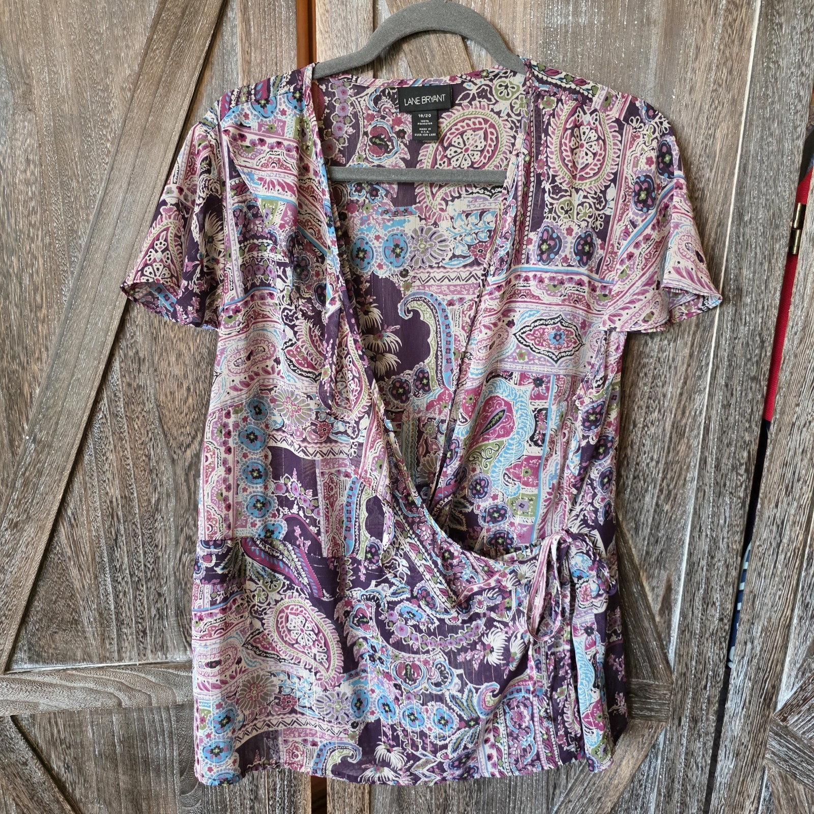 Lane Bryant Shirt Women’s Size 18/20 Purple Paisley Floral Wrap Blouse Sheer