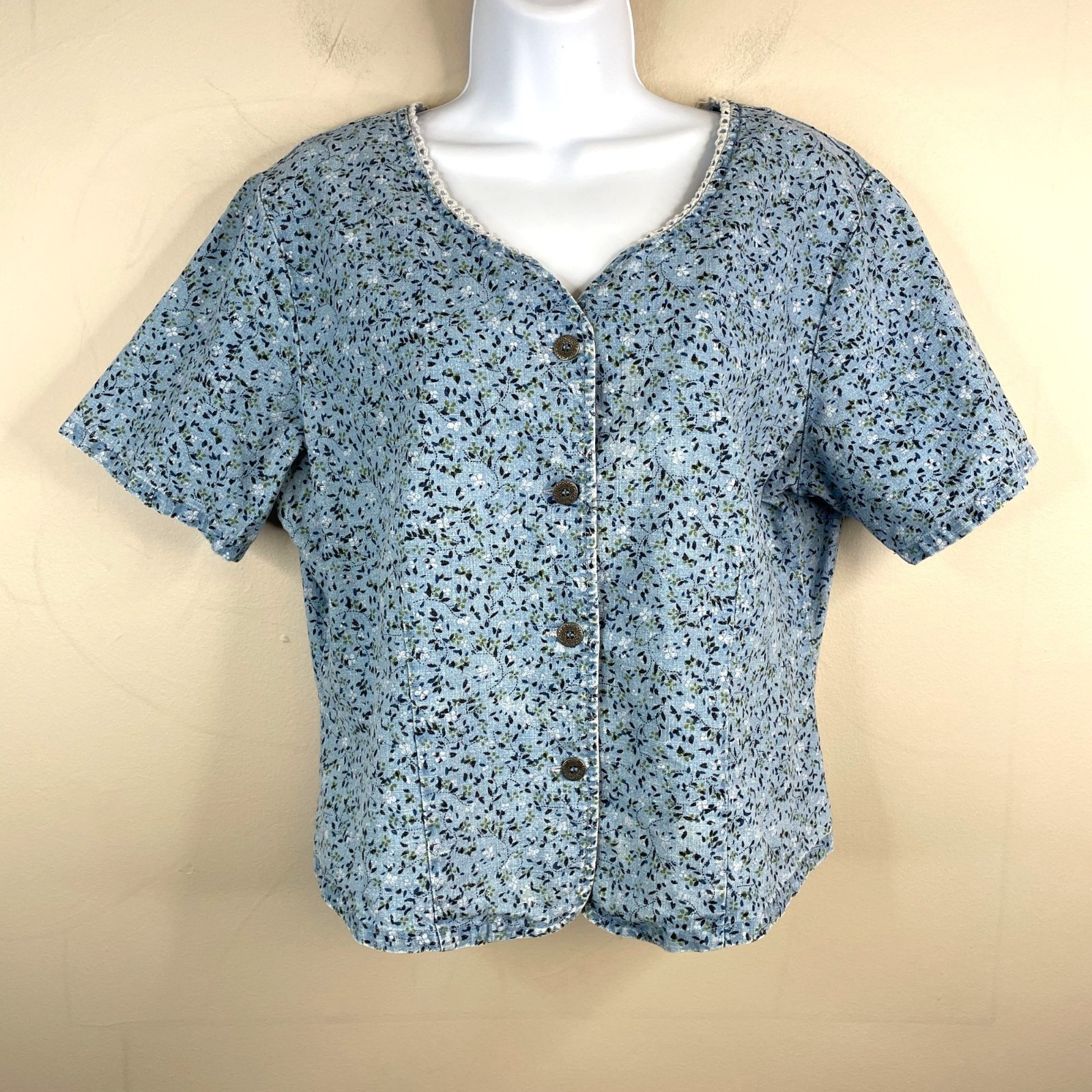 Vintage Top Large Cowgirl Cottage Prairie Linen Blend Floral Button Western 90s