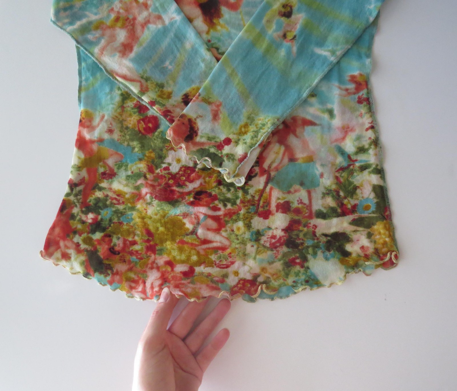 Vintage 2000s Cherub Print Sheer Knit Top, Floral, Gold Lettuce Edge, Nice