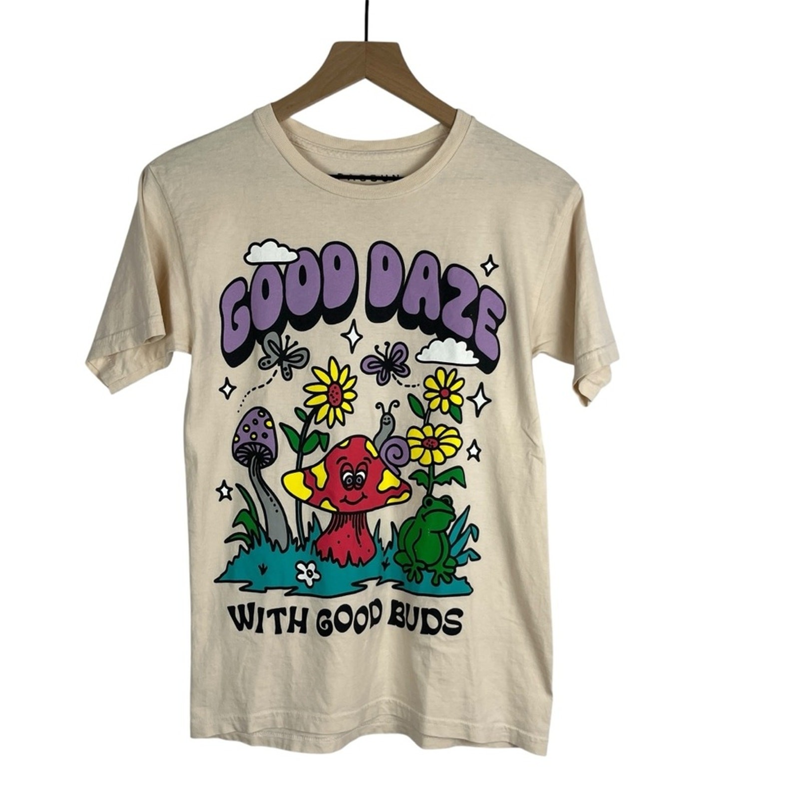 PacSun ‘Good Daze with Good Buds’ T-Shirt Cream Unisex Size Small School Schroom