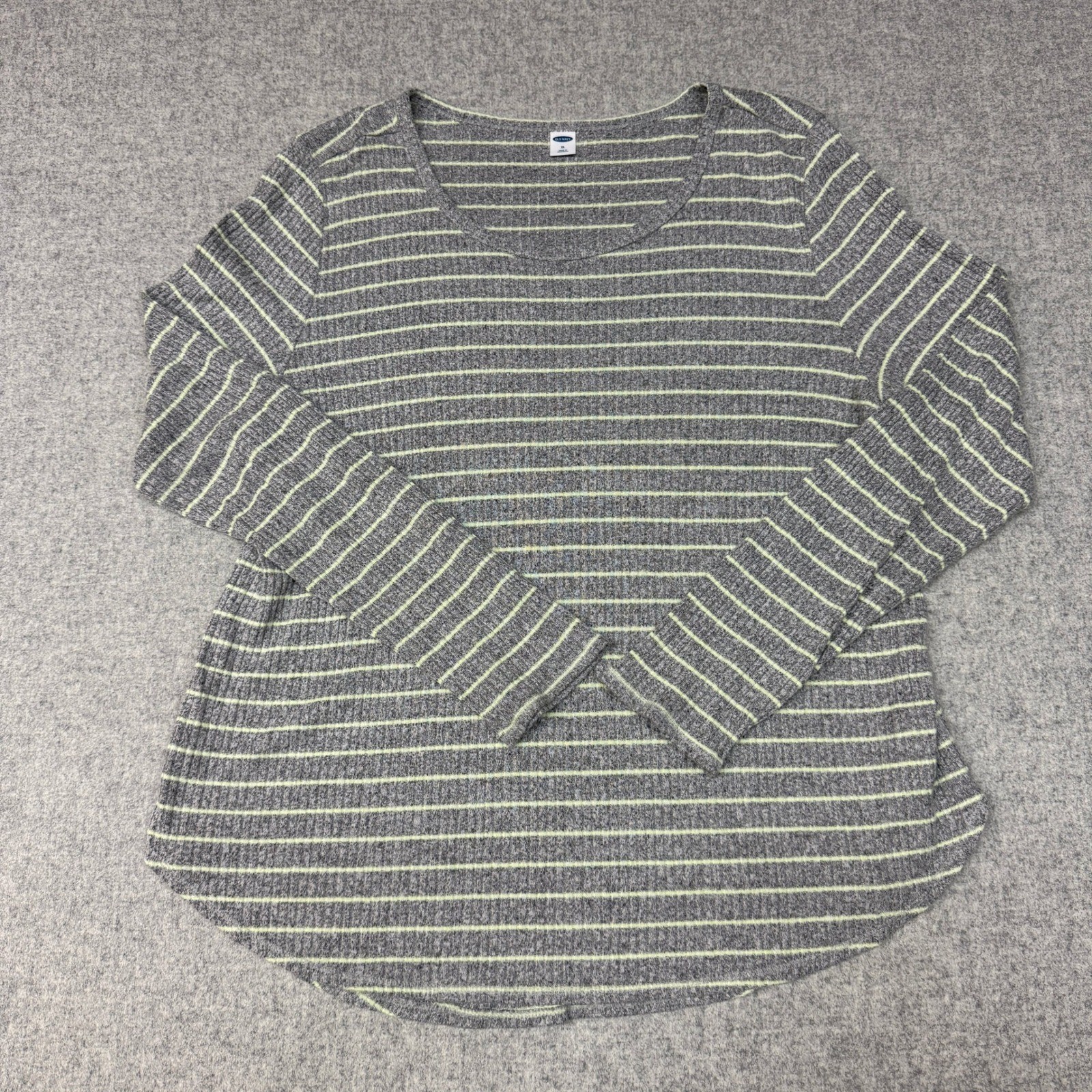 Old Navy Long Sleeve Top XL Grey Lime Green Striped Ribbed Scoop Neck Curved Hem