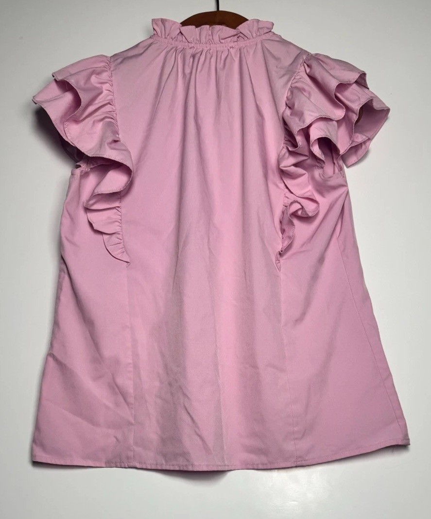 Hooklzo Blouse Top Womens Small Pink Flutter Sleeve Smocked Tie Neck Pleated