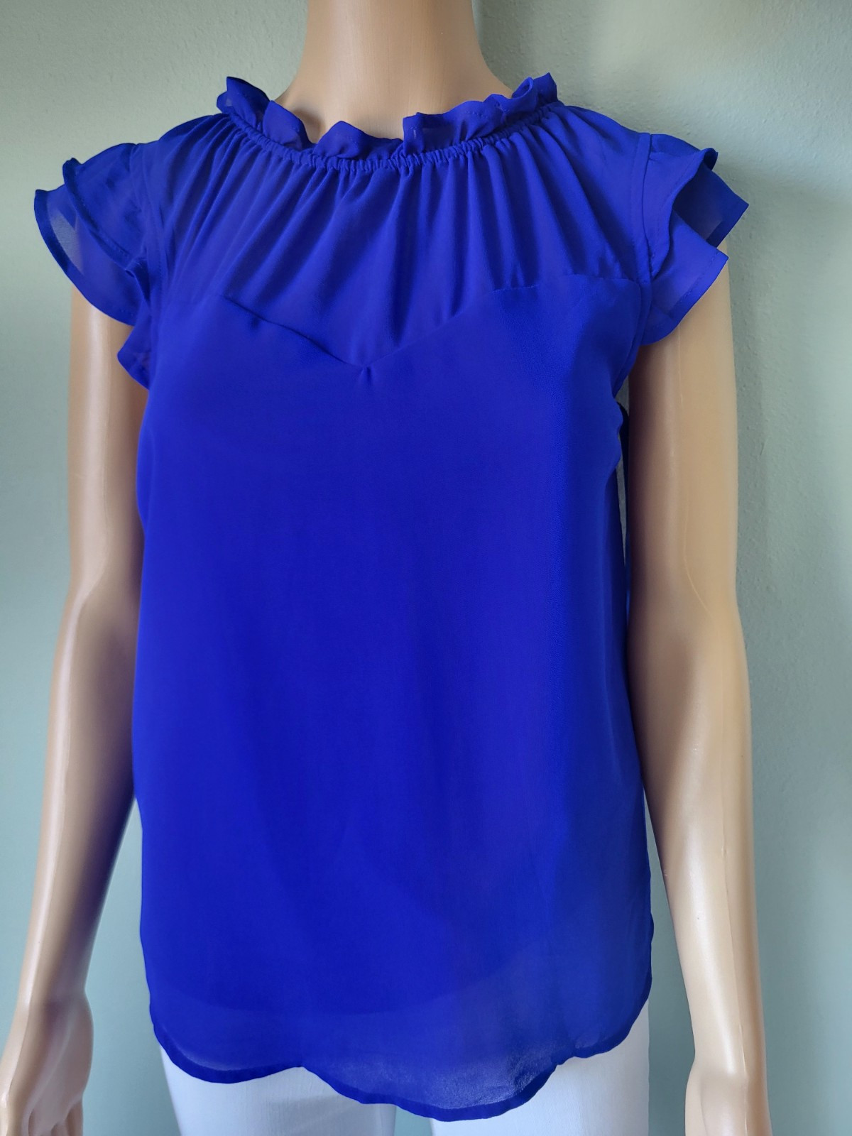 Monteau Top Womens Size M Scalloped Cap Sleeves Sheer Royal blue
