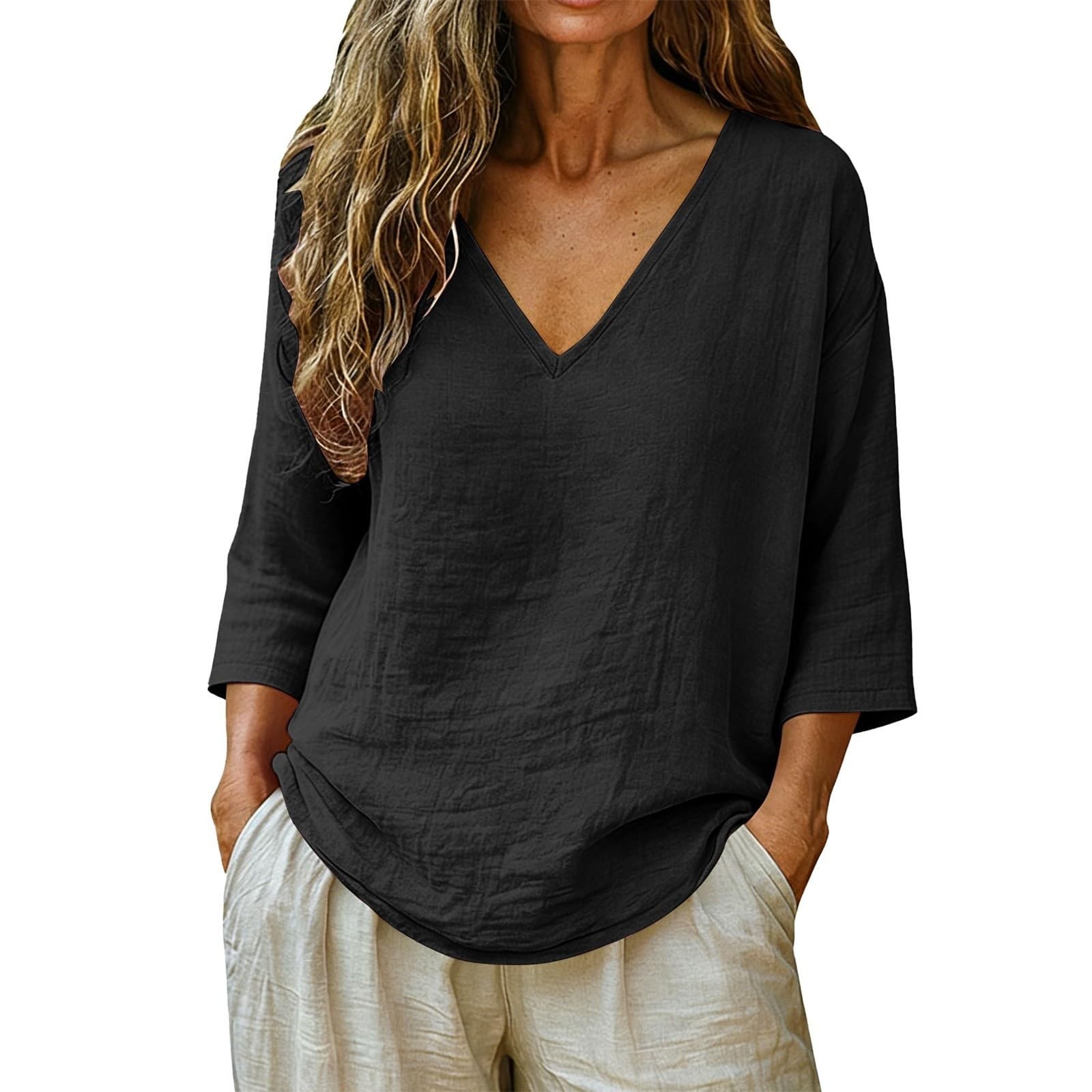 Womens Linen Cotton Tunic Blouse V Neck 3/4 Sleeve Peasant Beach Vacation Tops