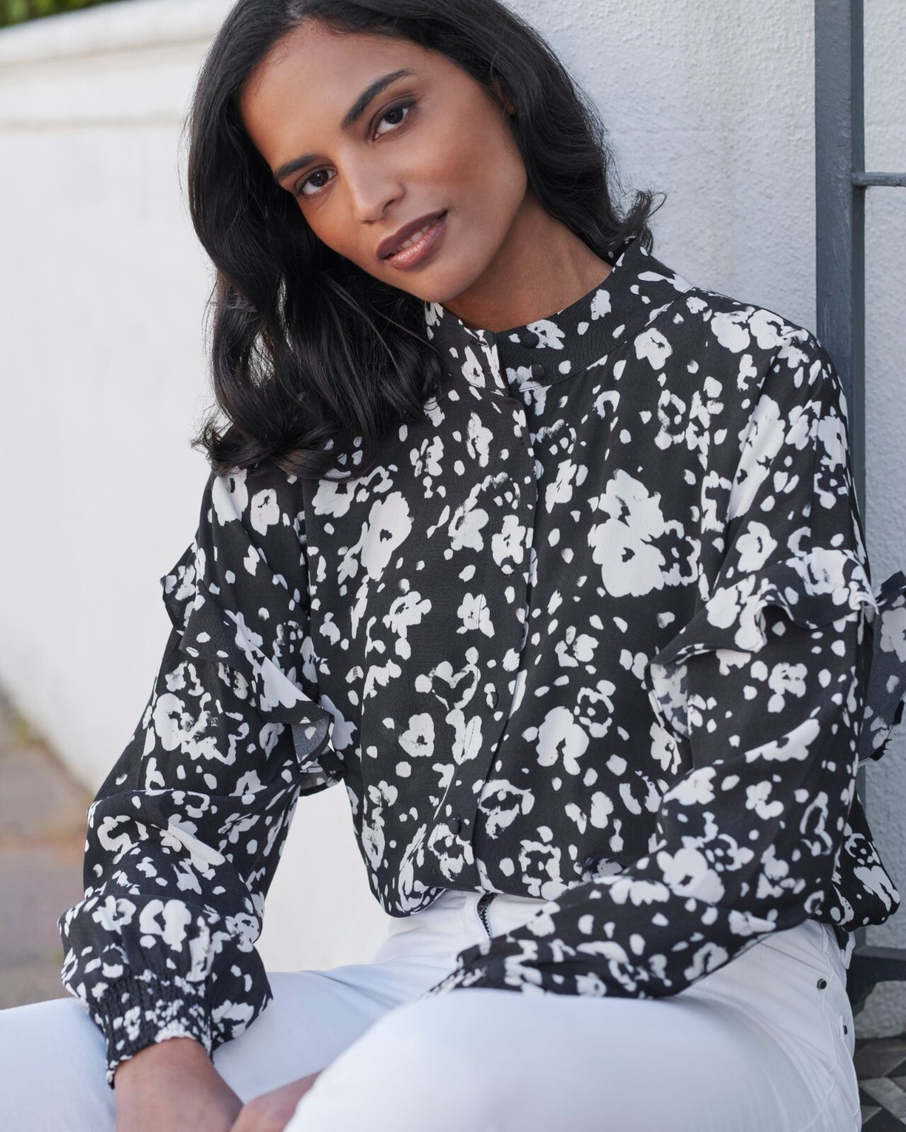 Pure Collection Drop Frill Shoulder Blouse Women 16 Black Office Career Romantic