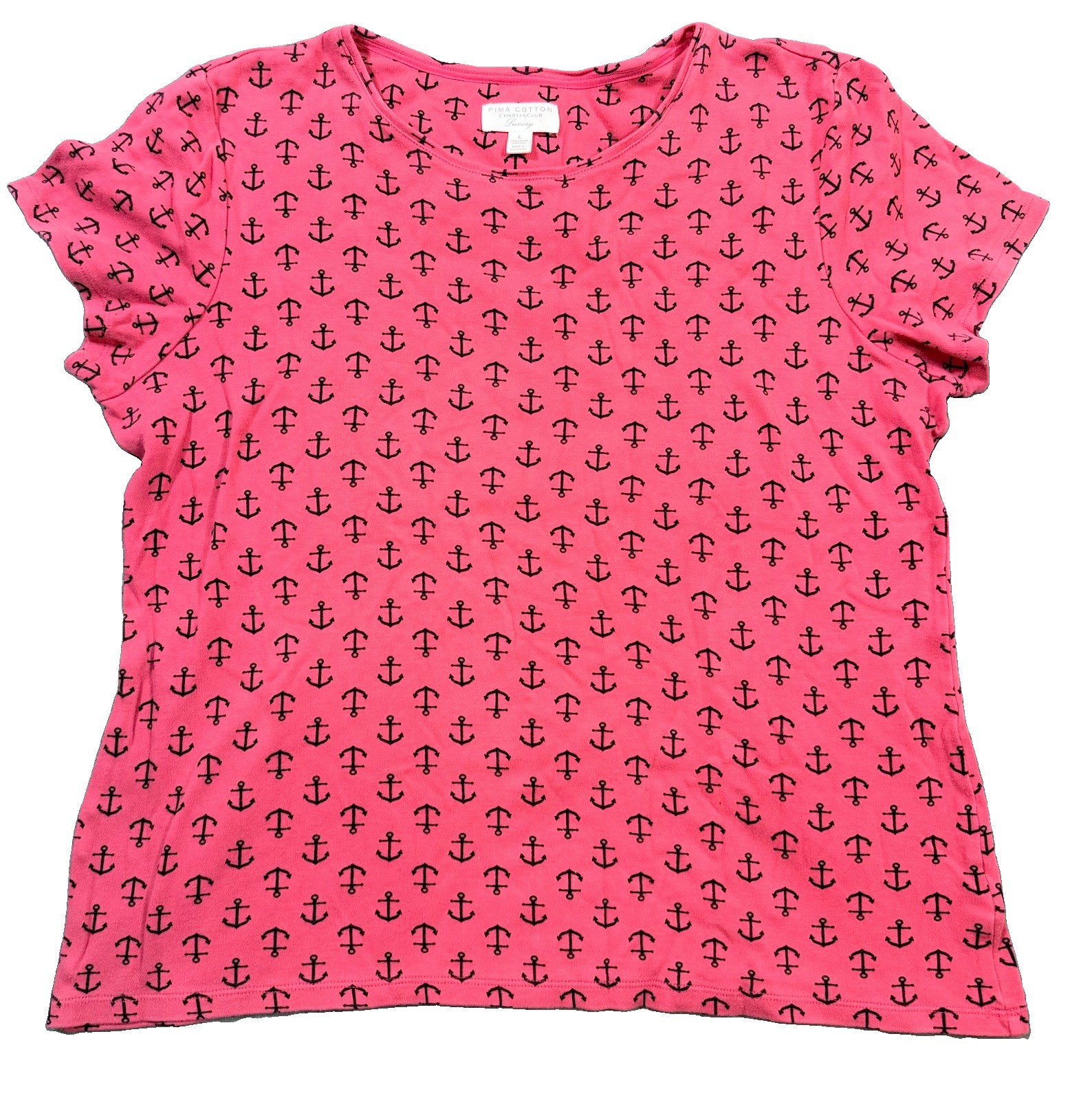 Charter Club Womens L T-Shirt Pink Navy Anchor Print 100% Pima Cotton Luxury Tee