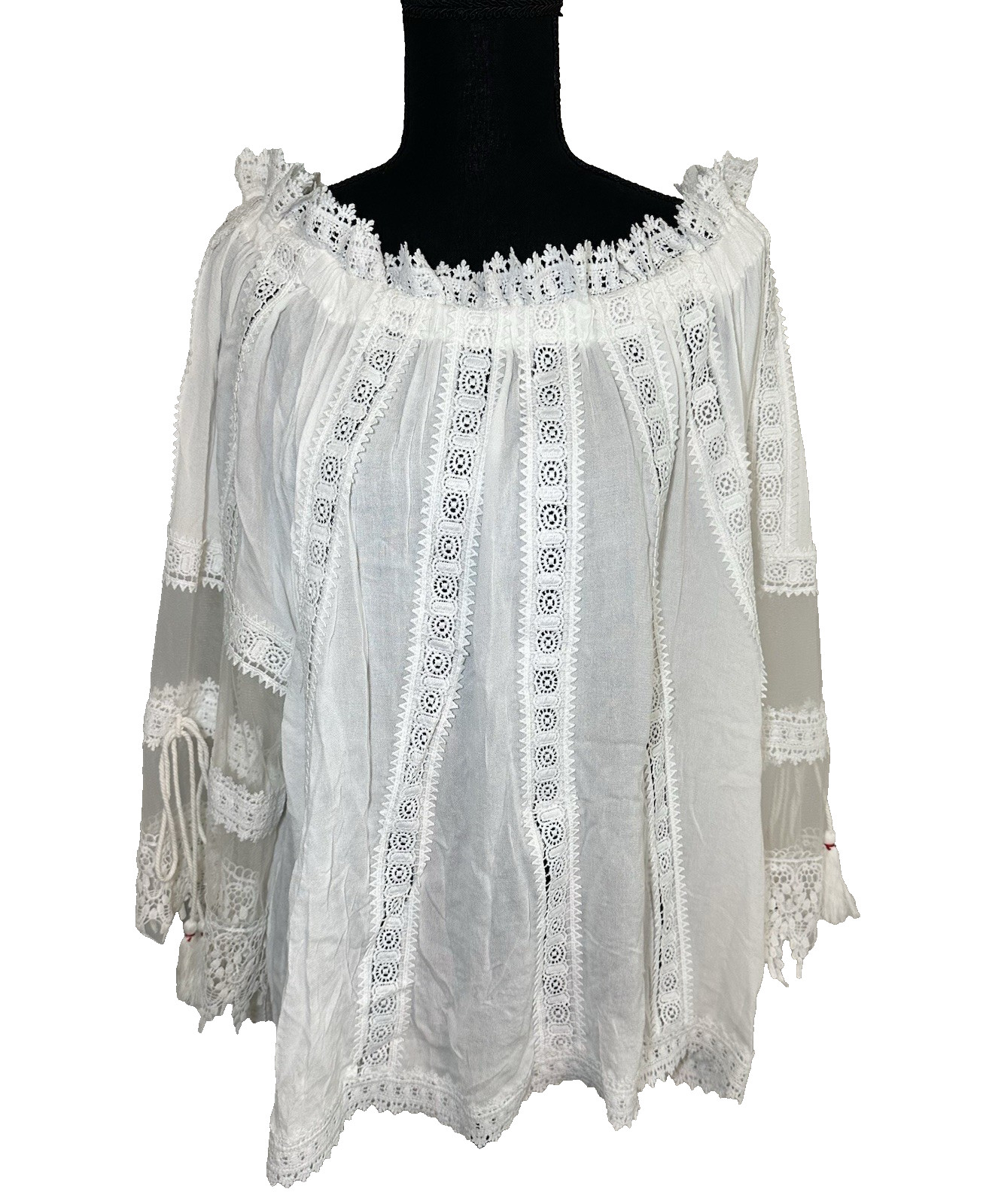 POL Large Ivory Sheer Crochet Lace Mesh Off Shoulder Boho Peasant Top Oversized