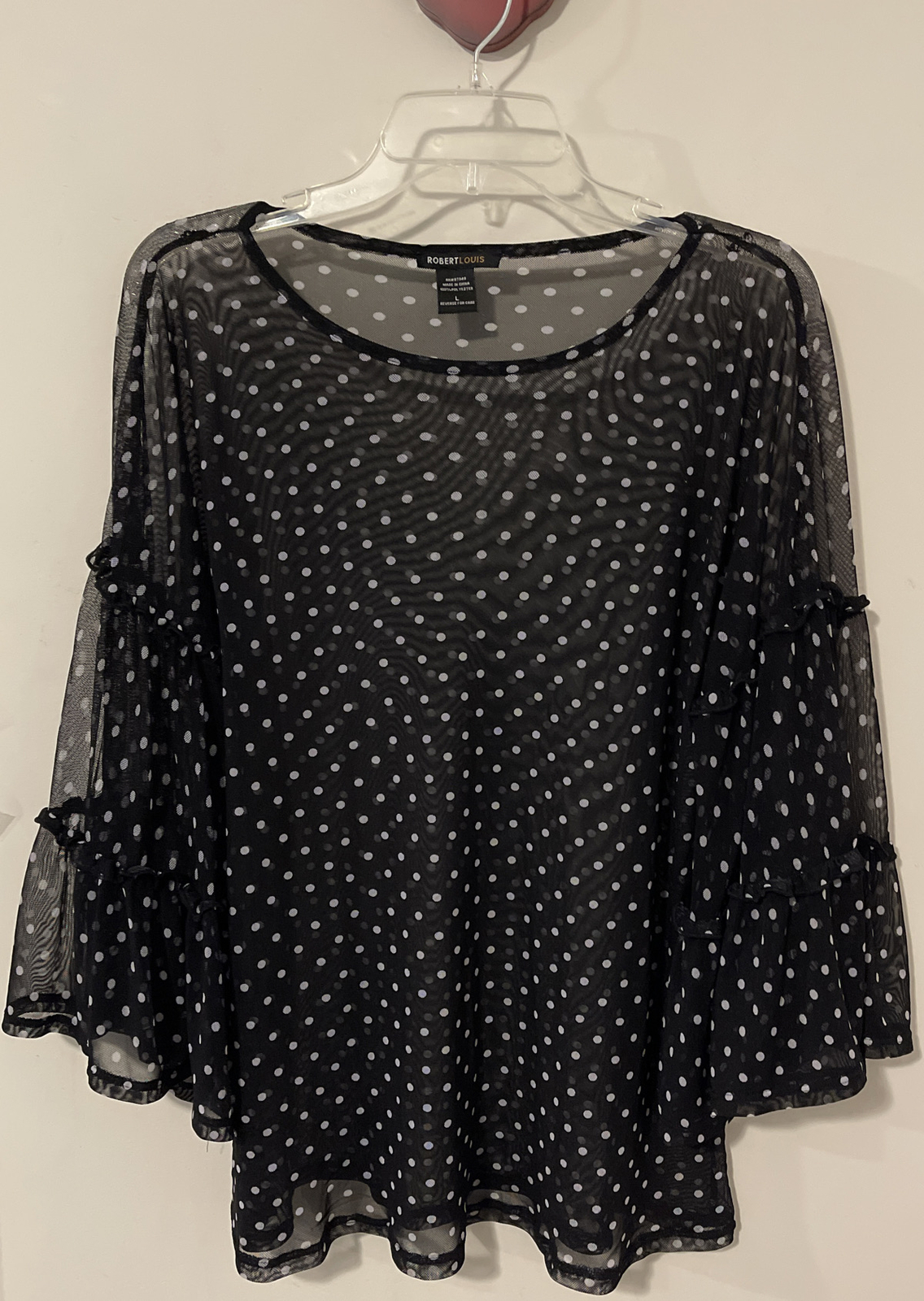 Robert Louis Womens Large Black Dotted Flowy-Sleeved Sheer Tunic Blouse! A1584