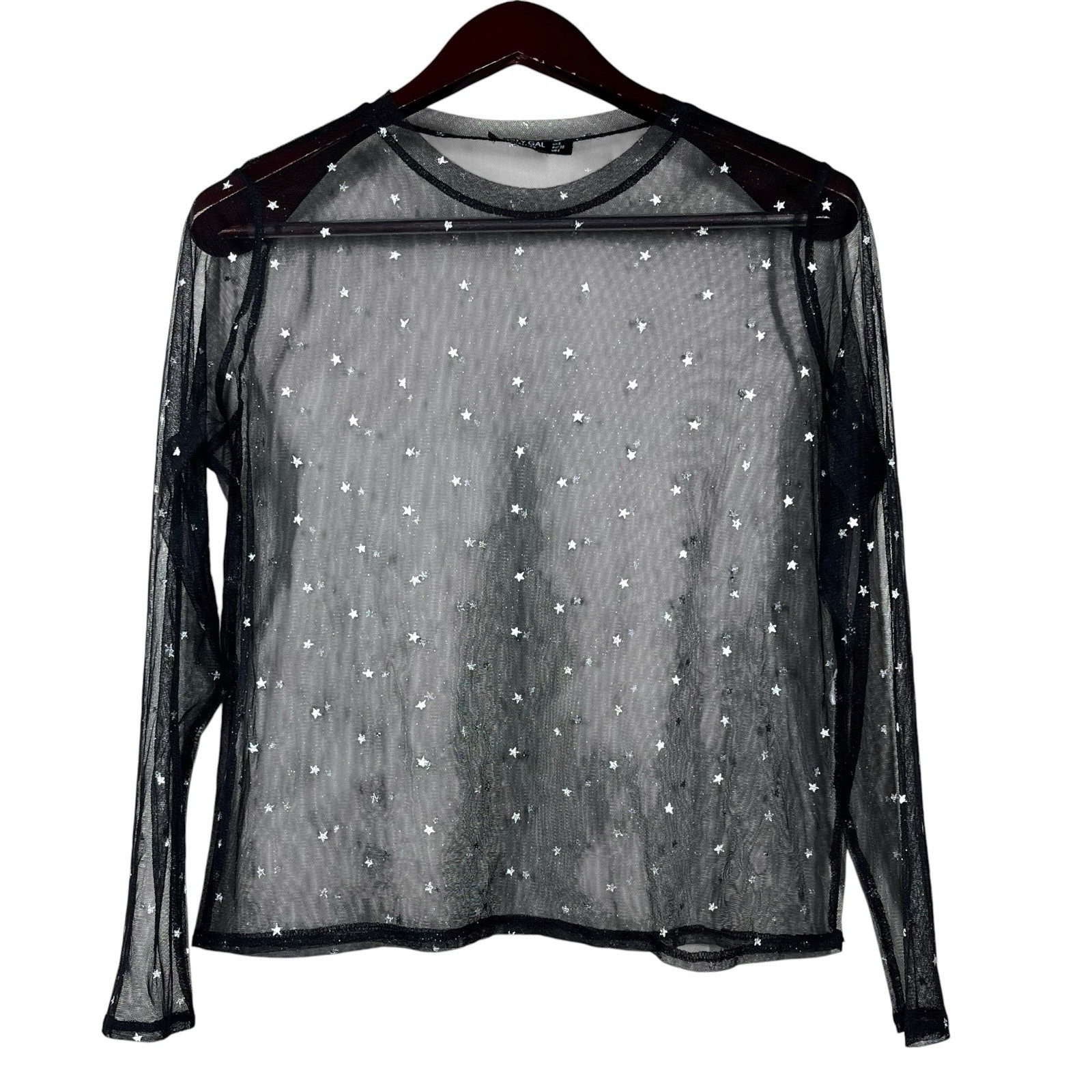 Nasty Gal Sheer Mesh Silver Star Print Top Size 4 Black Celestial Fairy Grunge