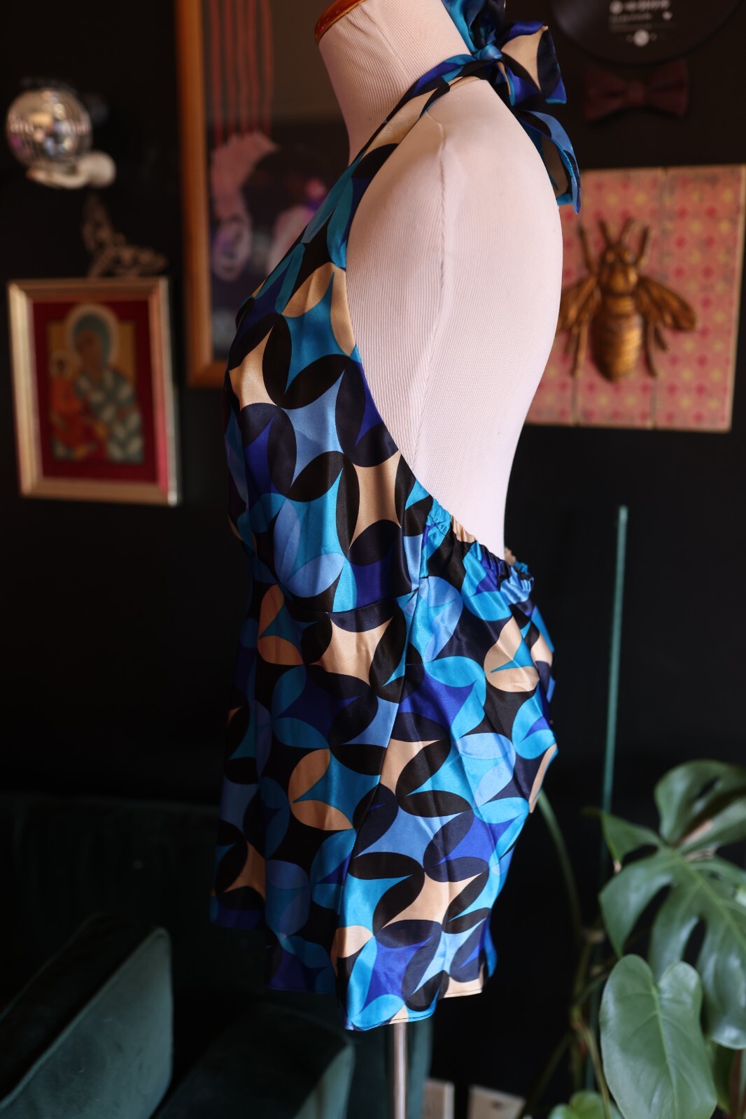 Vintage Handmade 90s Y2K Funky Psychedelic Retro Blue Halter Top M/L