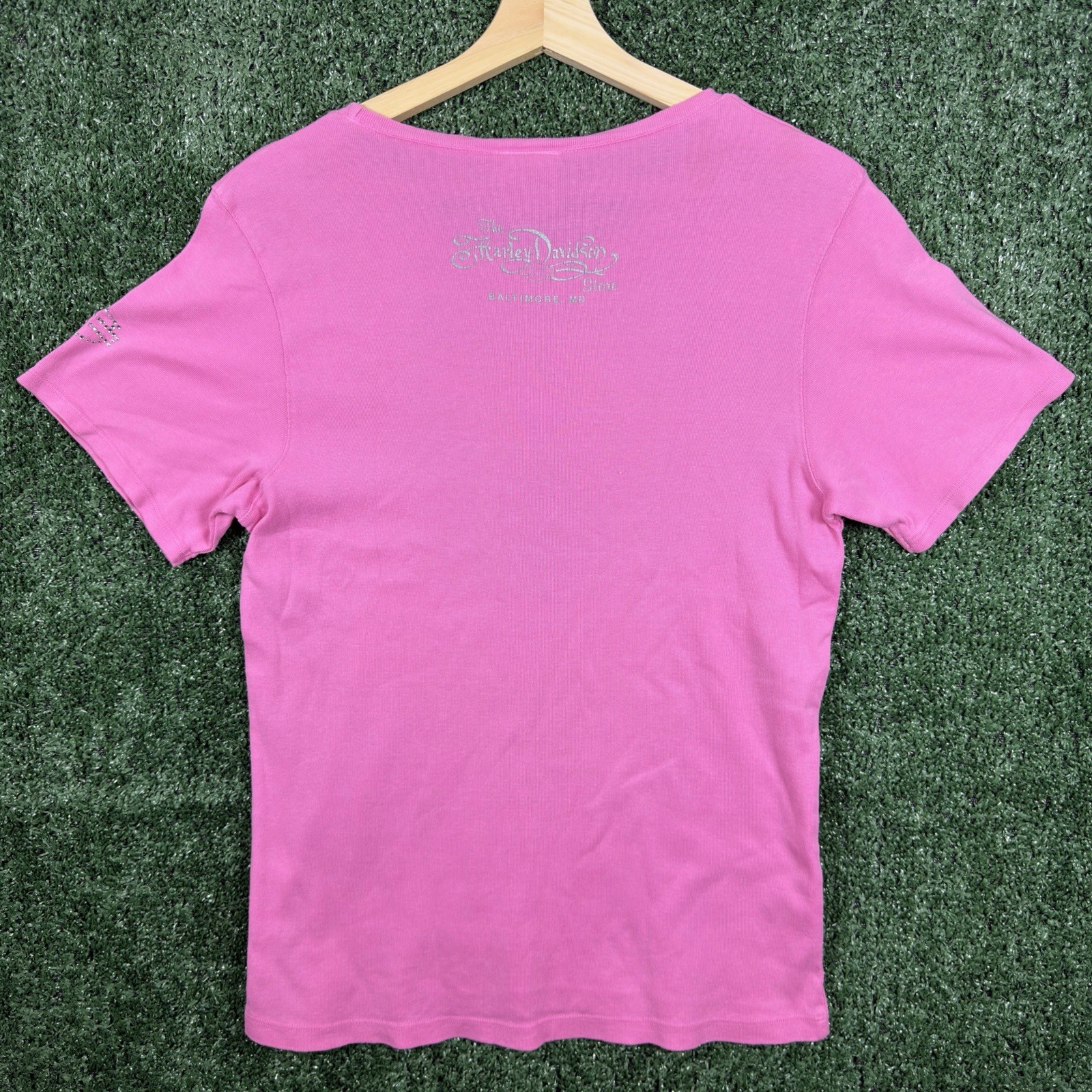 Harley Davidson Women’s Medium Short Sleeve T-Shirt Rhinestones Logo Pink Biker
