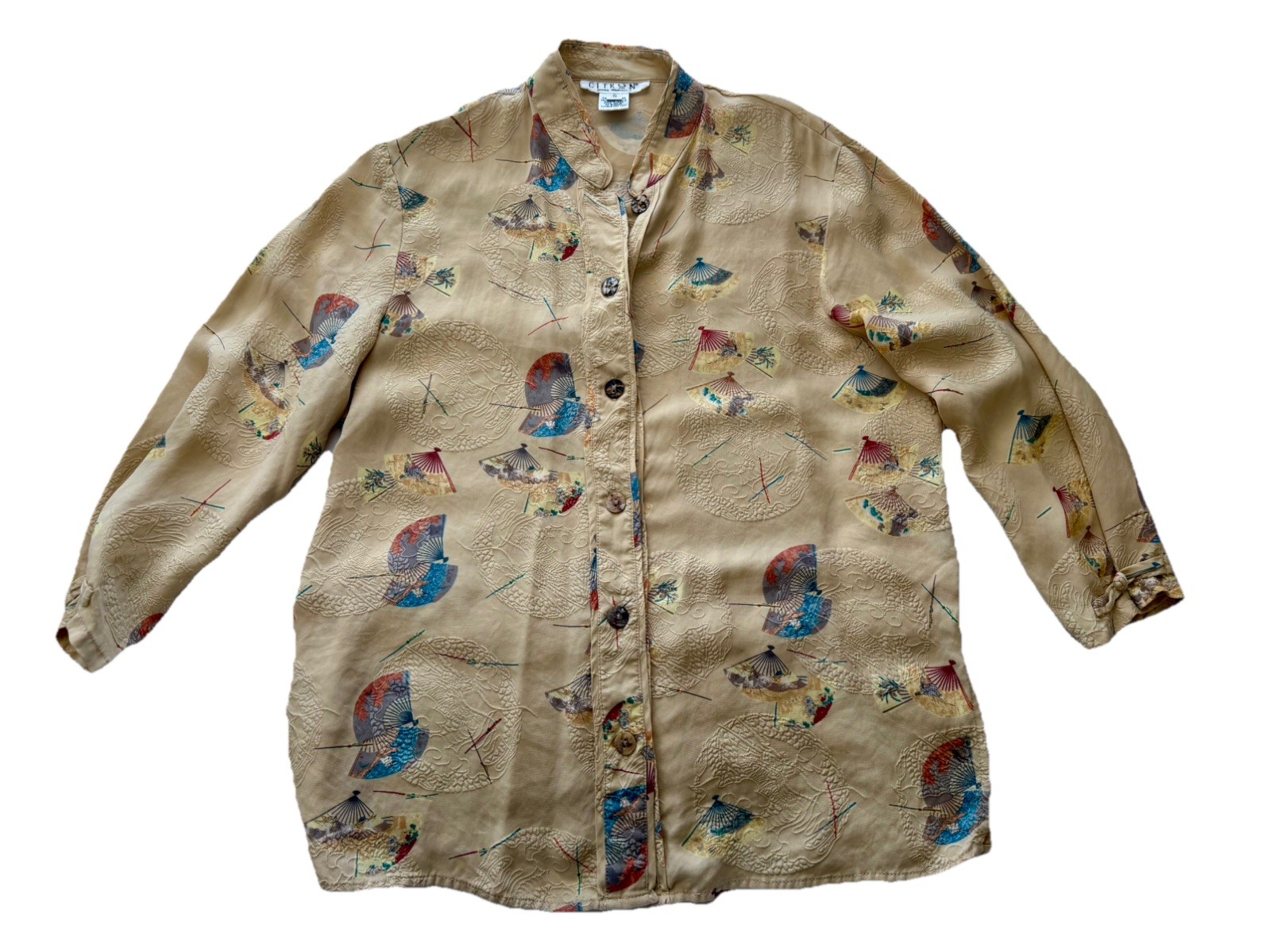 CITRON Santa Monica Silk Art to Wear Asian Fan Print Mandarin Collar Top Size S