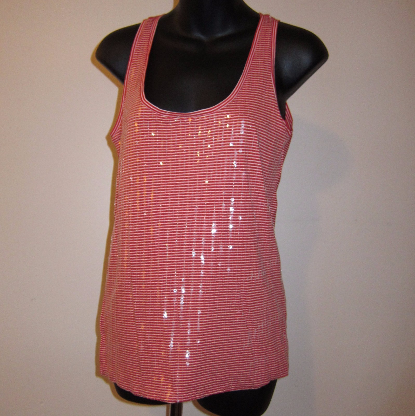Sequined Sparkly Red Stripe Tank Sz S Ann Taylor Scoop Neck Top New MSRP 48