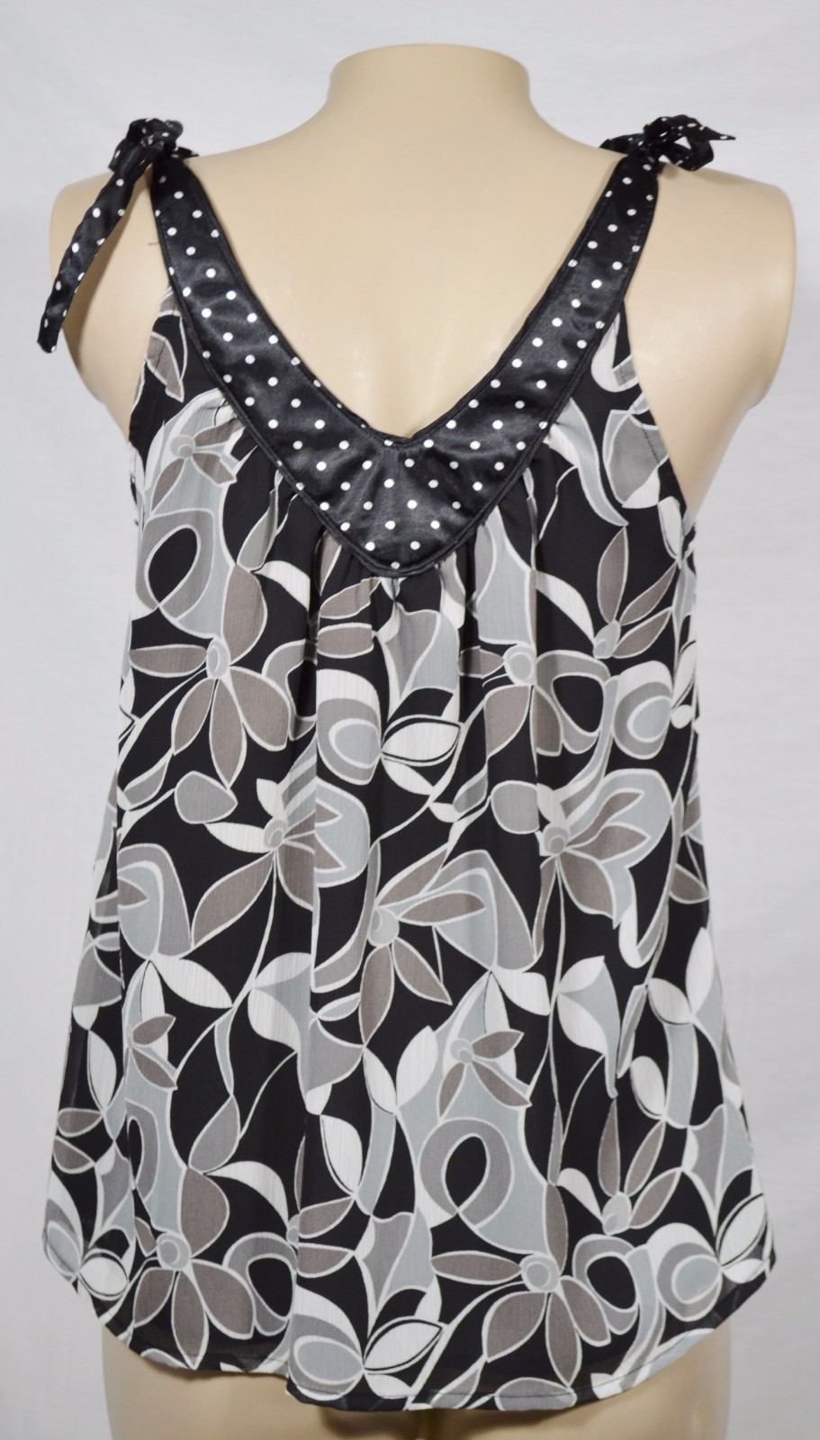 MIXIT Black Gray Patterned Sleeveless Top Small Polka Dot Neckline Tied Shoulder