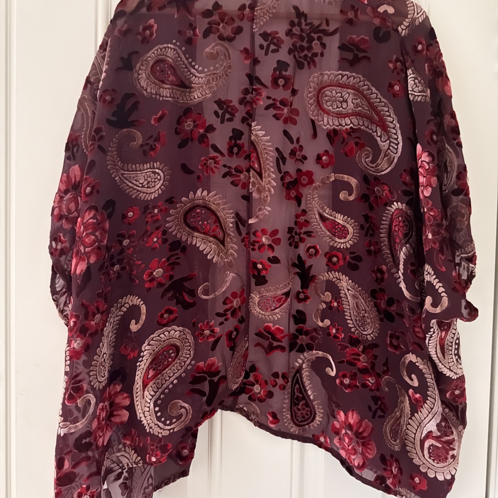 Umgee USA Velvet Burnout S M Floral Kimono Duster Burgandy Flowy Boho Fairy