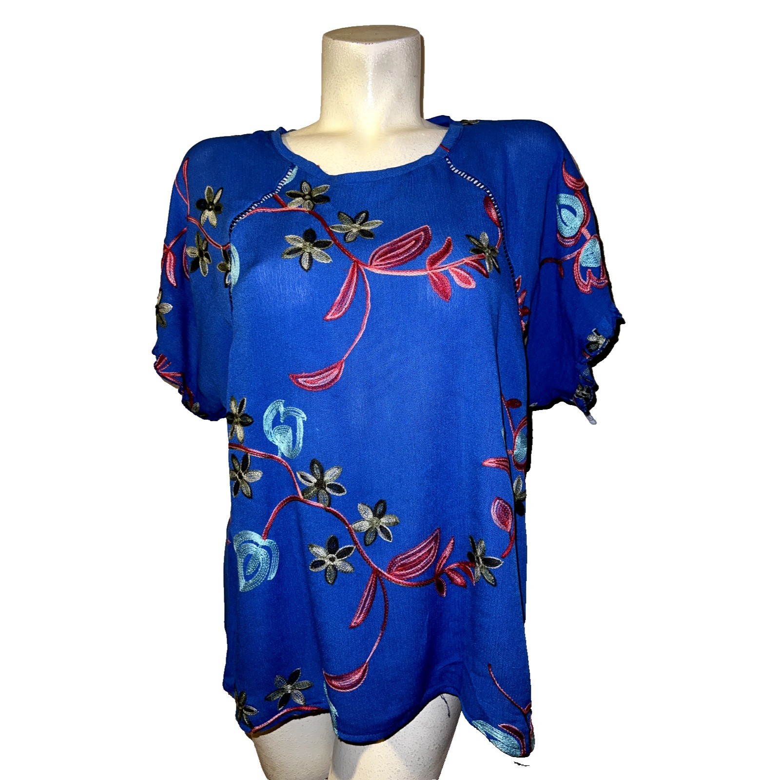 LIV LOS ANGELES Women Blue Floral Embroidered Short Sleeve Blouse XL SB1102W