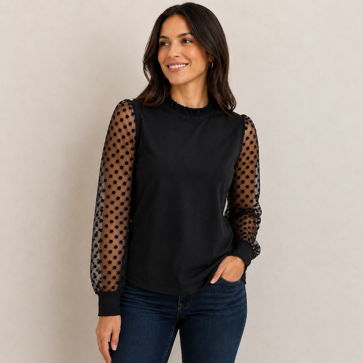 NWT Blooming Jelly Womans Mesh Polka Dot Sleeve Blouse Black Size M Ruffle Neck